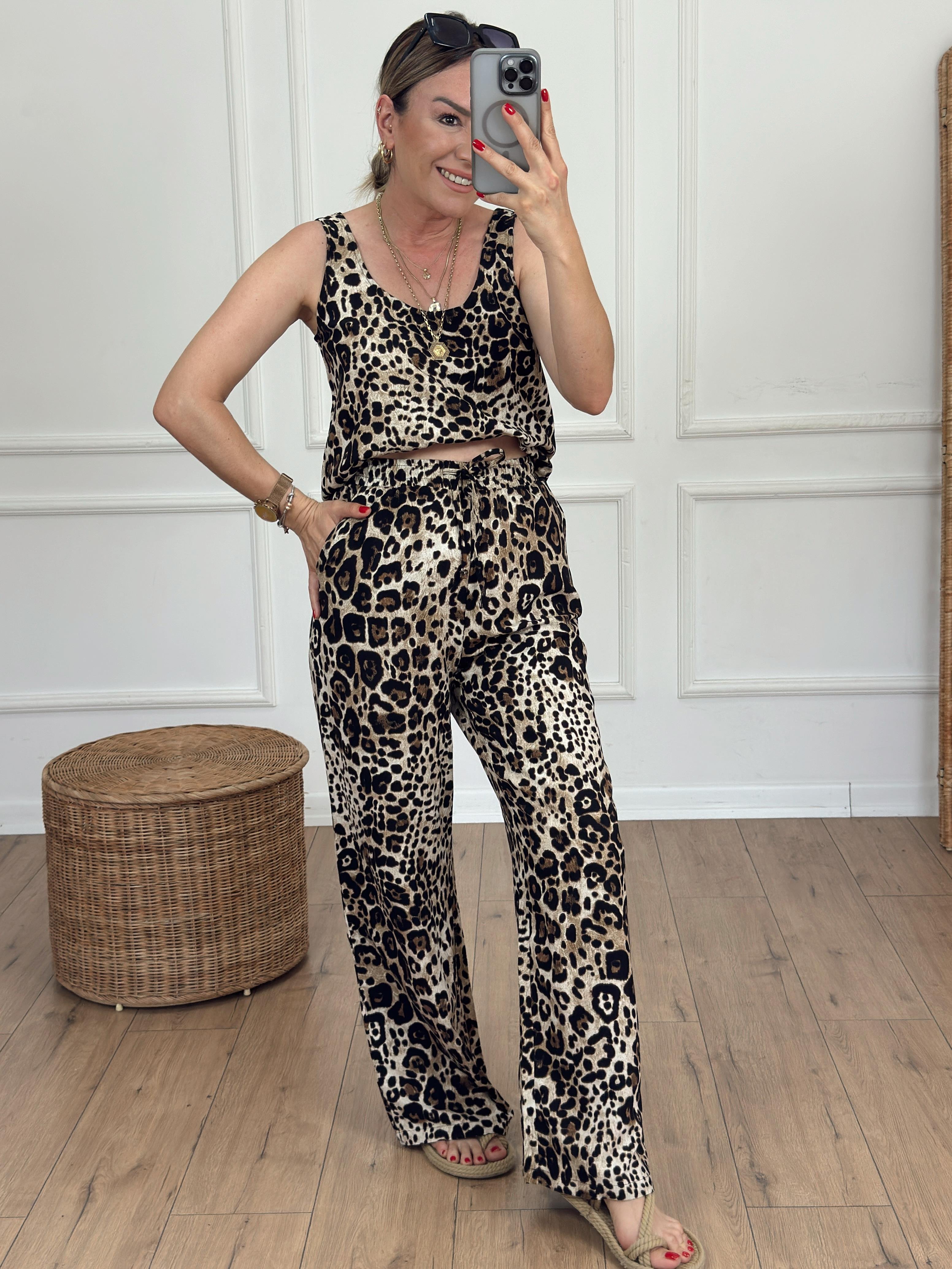 Yanları Cepli Leopar Pantolon KAHVE