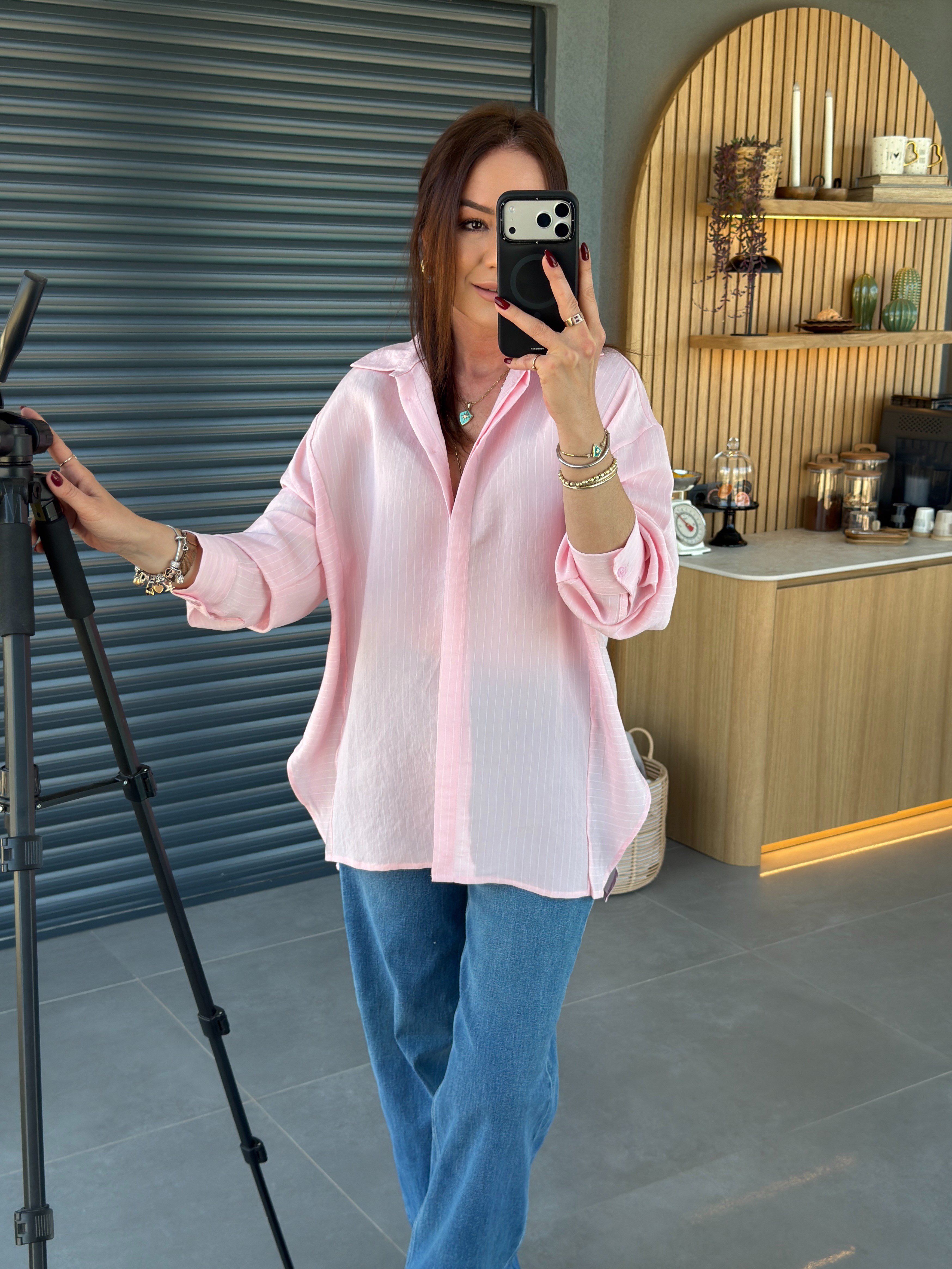 Yanları Parçalı Çizgili Gömlek PEMBE