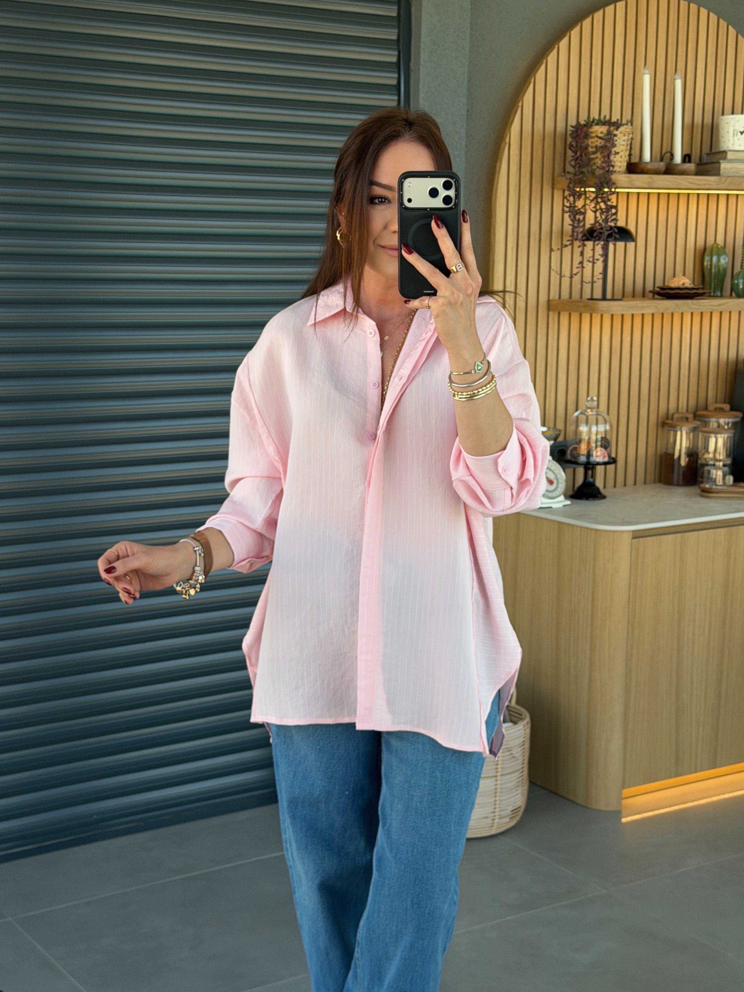 Yanları Parçalı Çizgili Gömlek PEMBE
