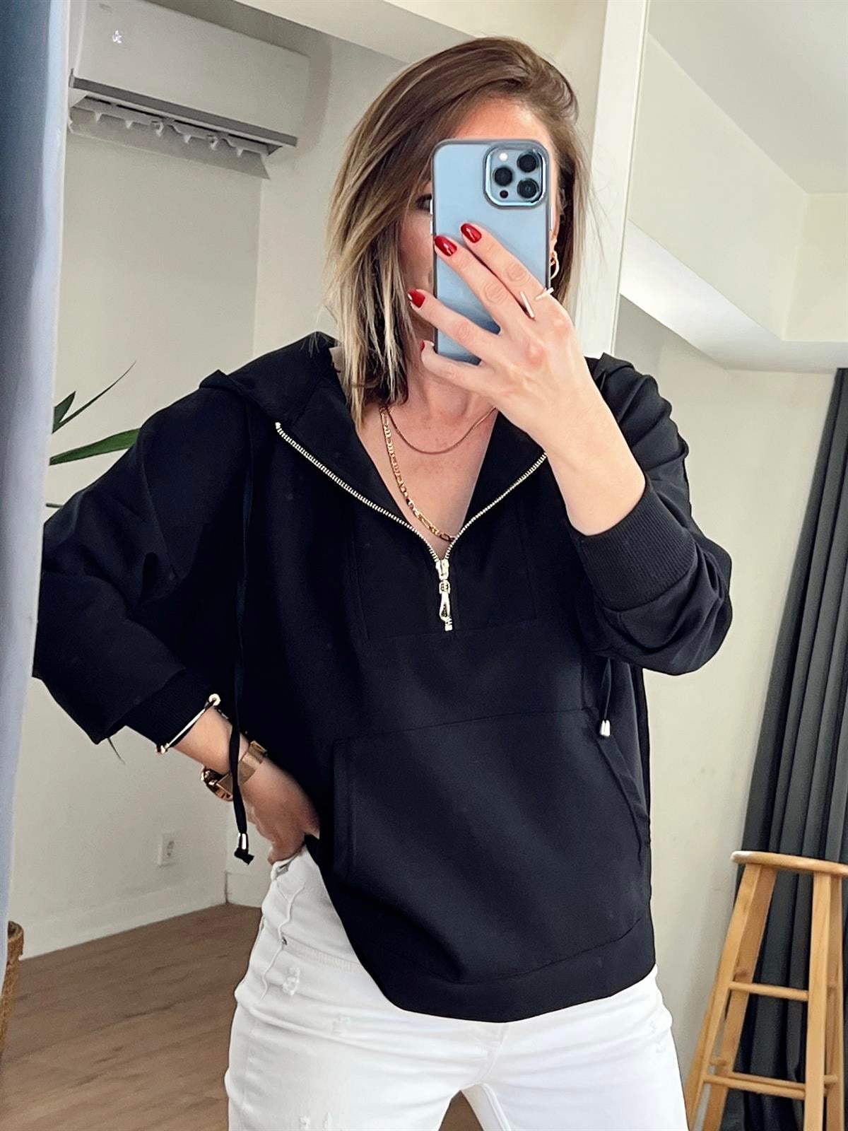 YARIM FERMUARLI KAPÜŞONLU SWEAT SİYAH