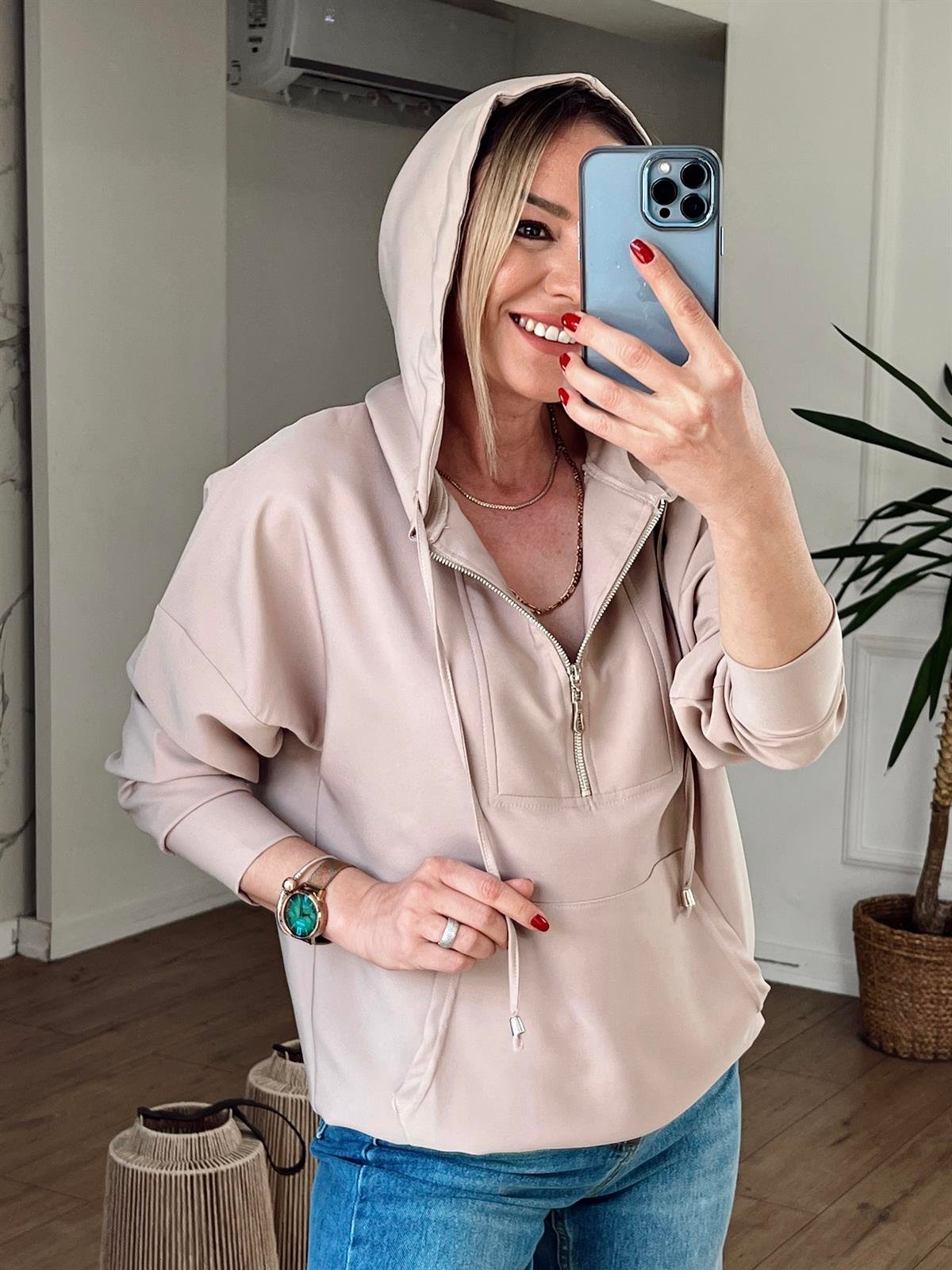 YARIM FERMUARLI KAPÜŞONLU SWEAT TAŞ
