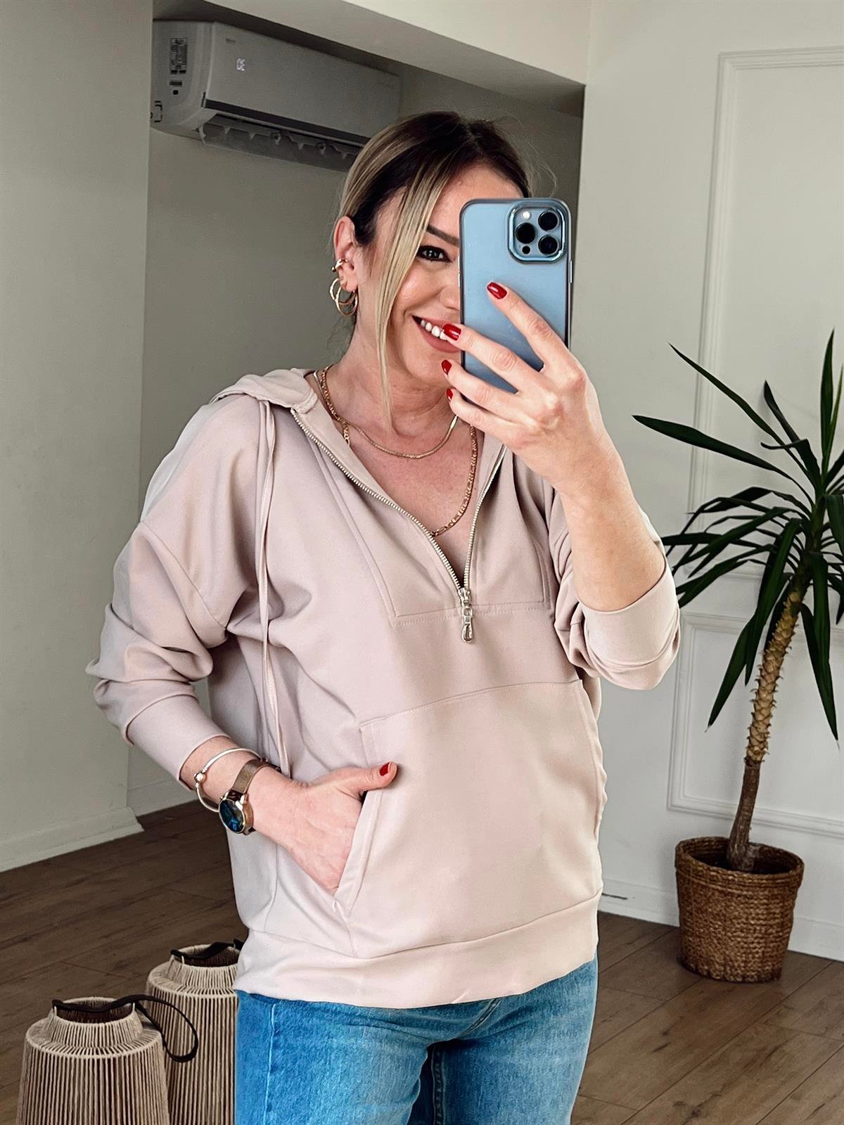 YARIM FERMUARLI KAPÜŞONLU SWEAT TAŞ