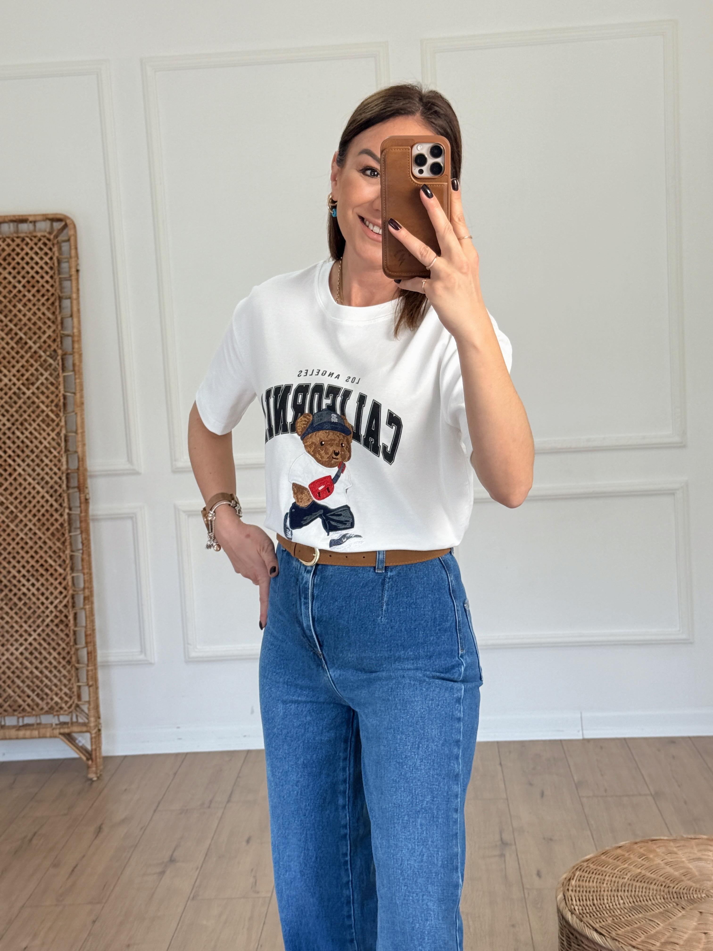 Yazı Baskılı Ayıcık Nakışlı Tshirt EKRU