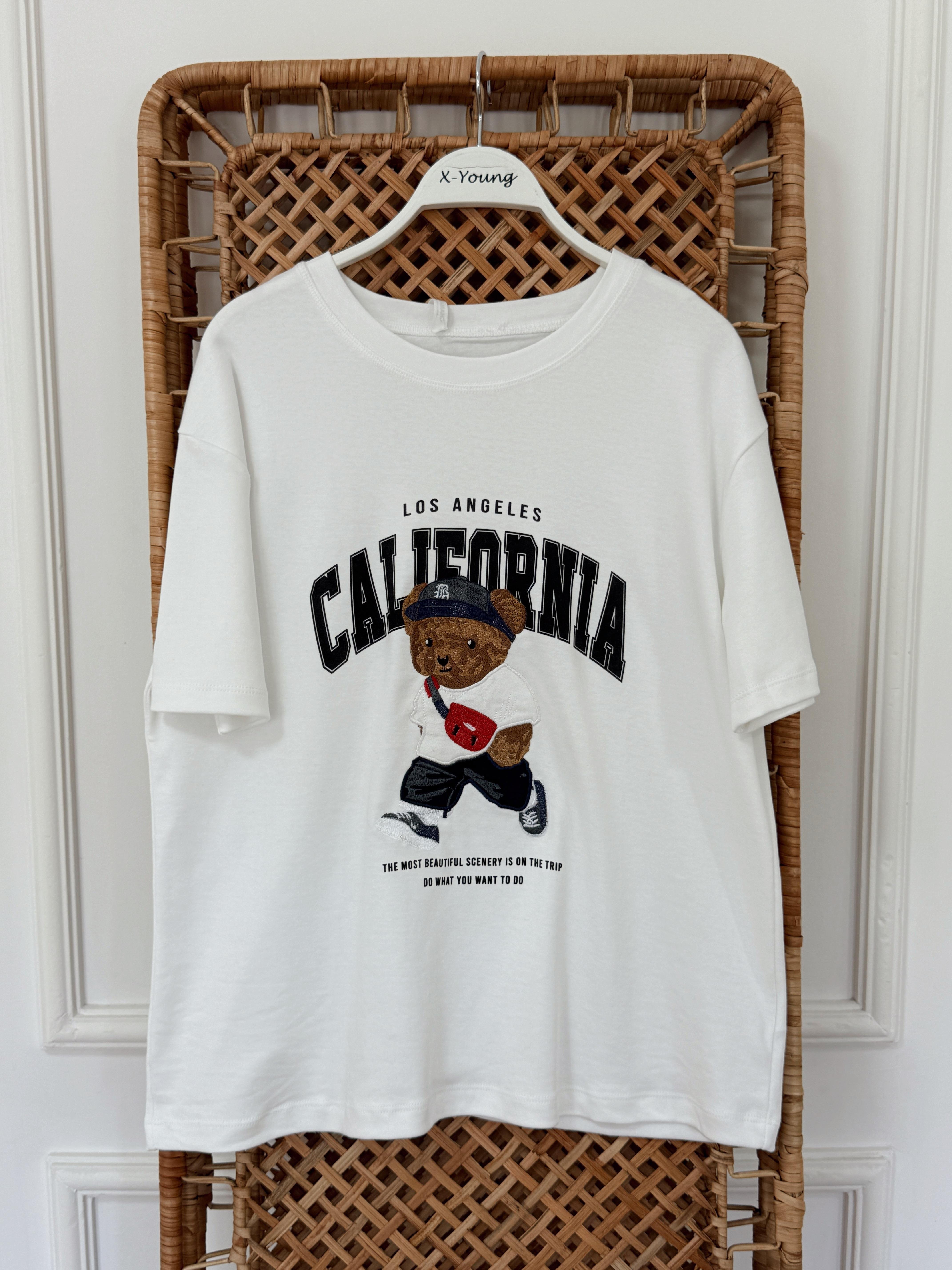 Yazı Baskılı Ayıcık Nakışlı Tshirt EKRU