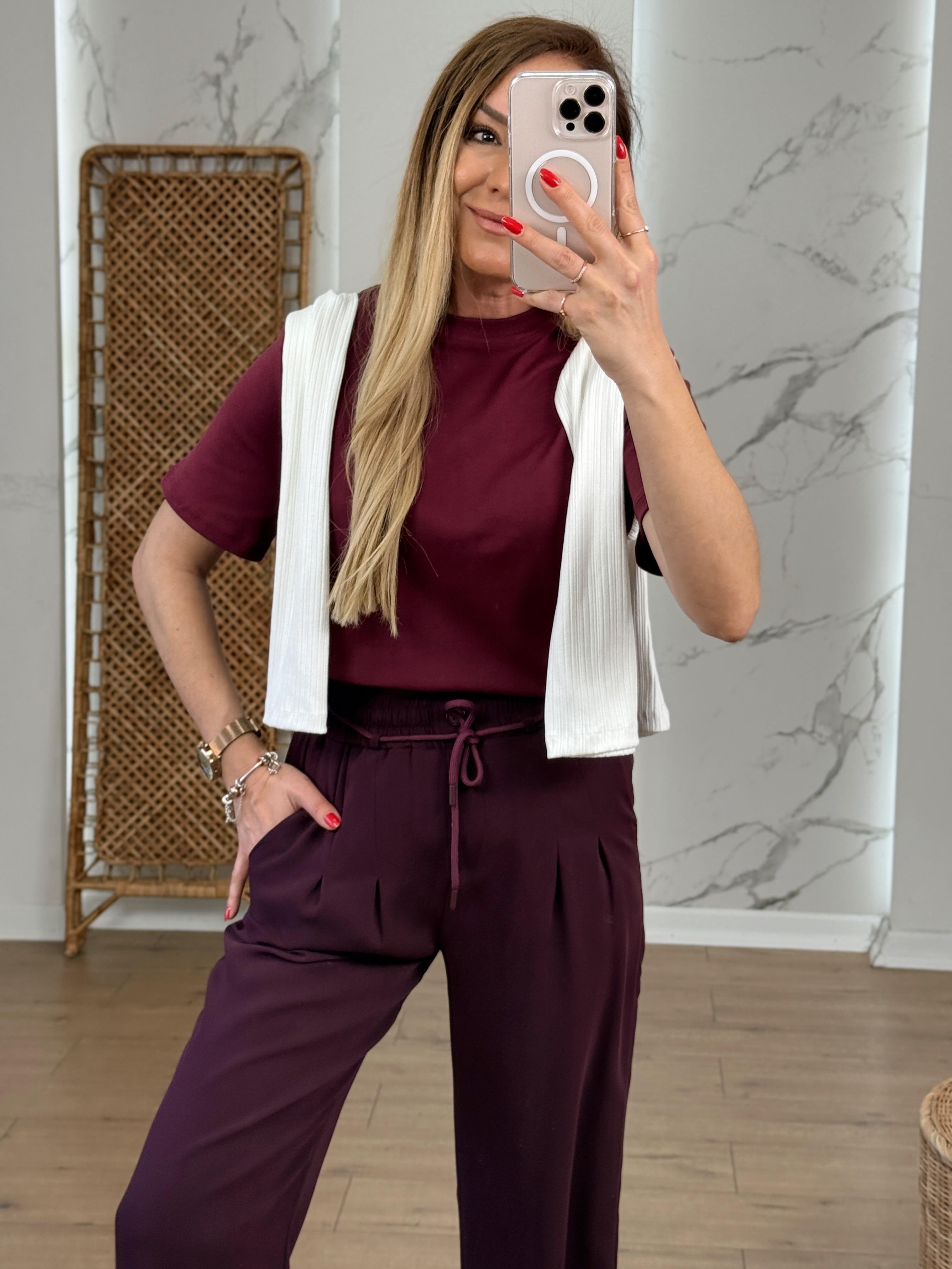Yazı Nakışlı Bisiklet Yaka Tshirt BORDO