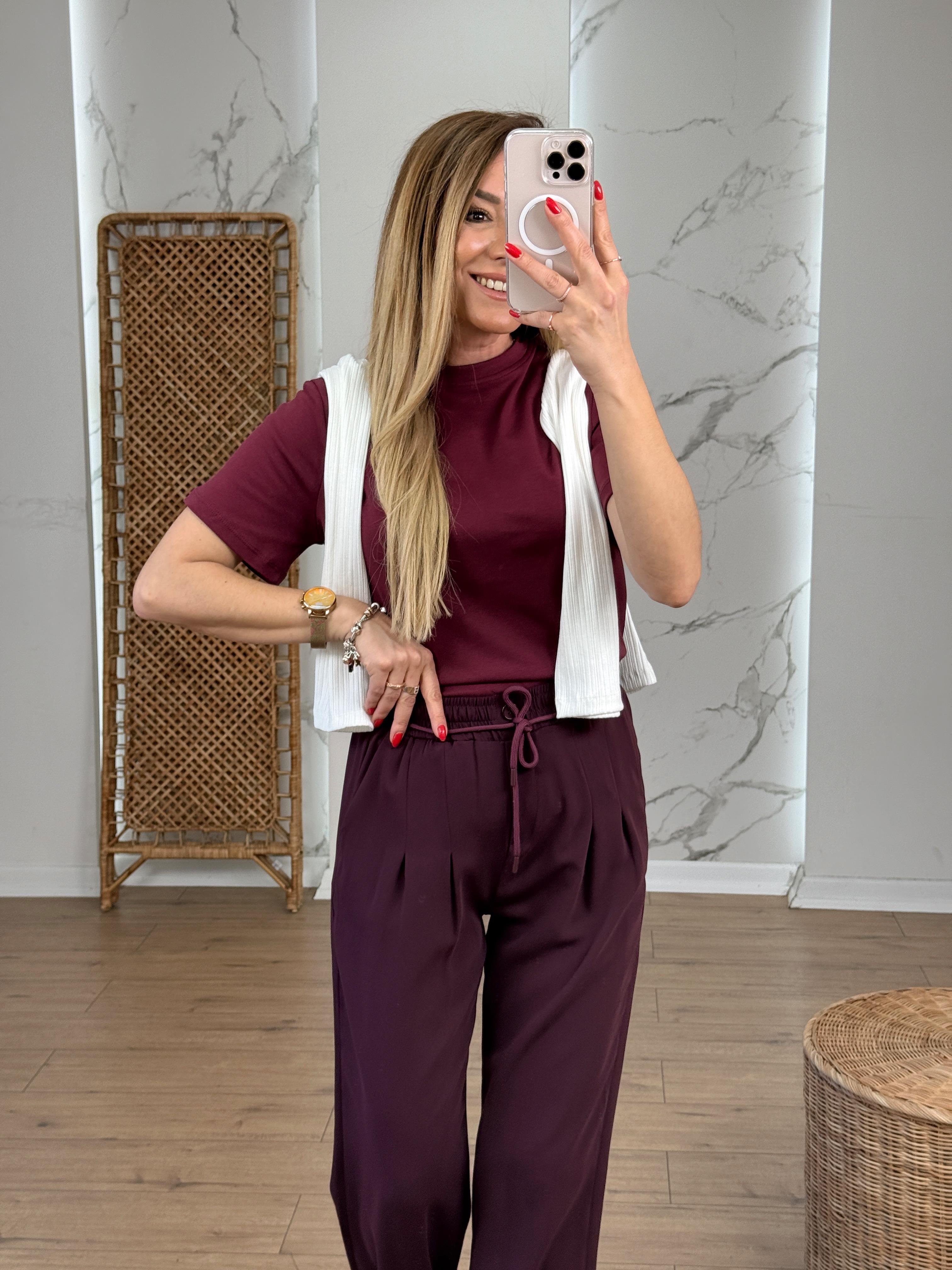 Yazı Nakışlı Bisiklet Yaka Tshirt BORDO