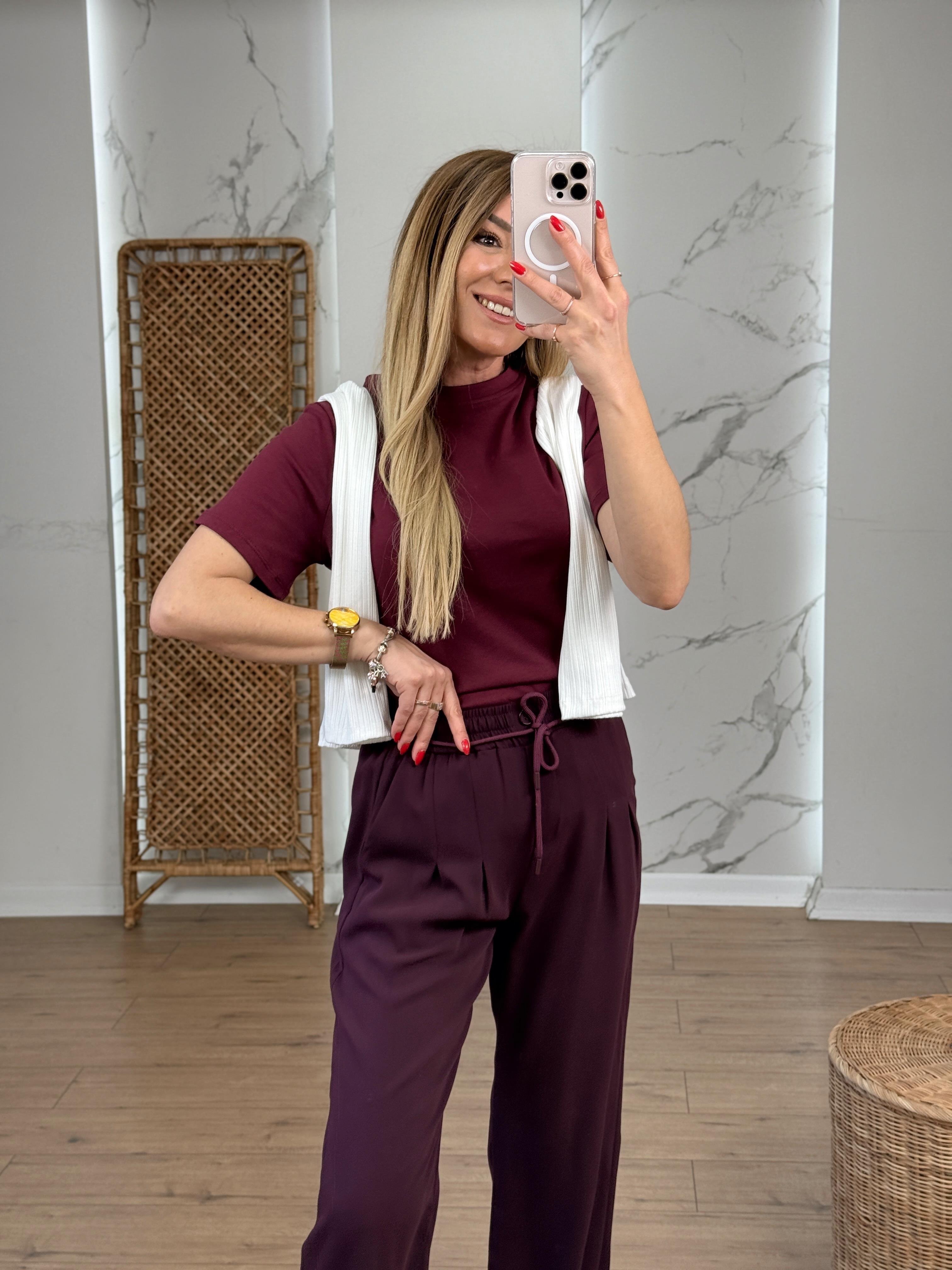 Yazı Nakışlı Bisiklet Yaka Tshirt BORDO