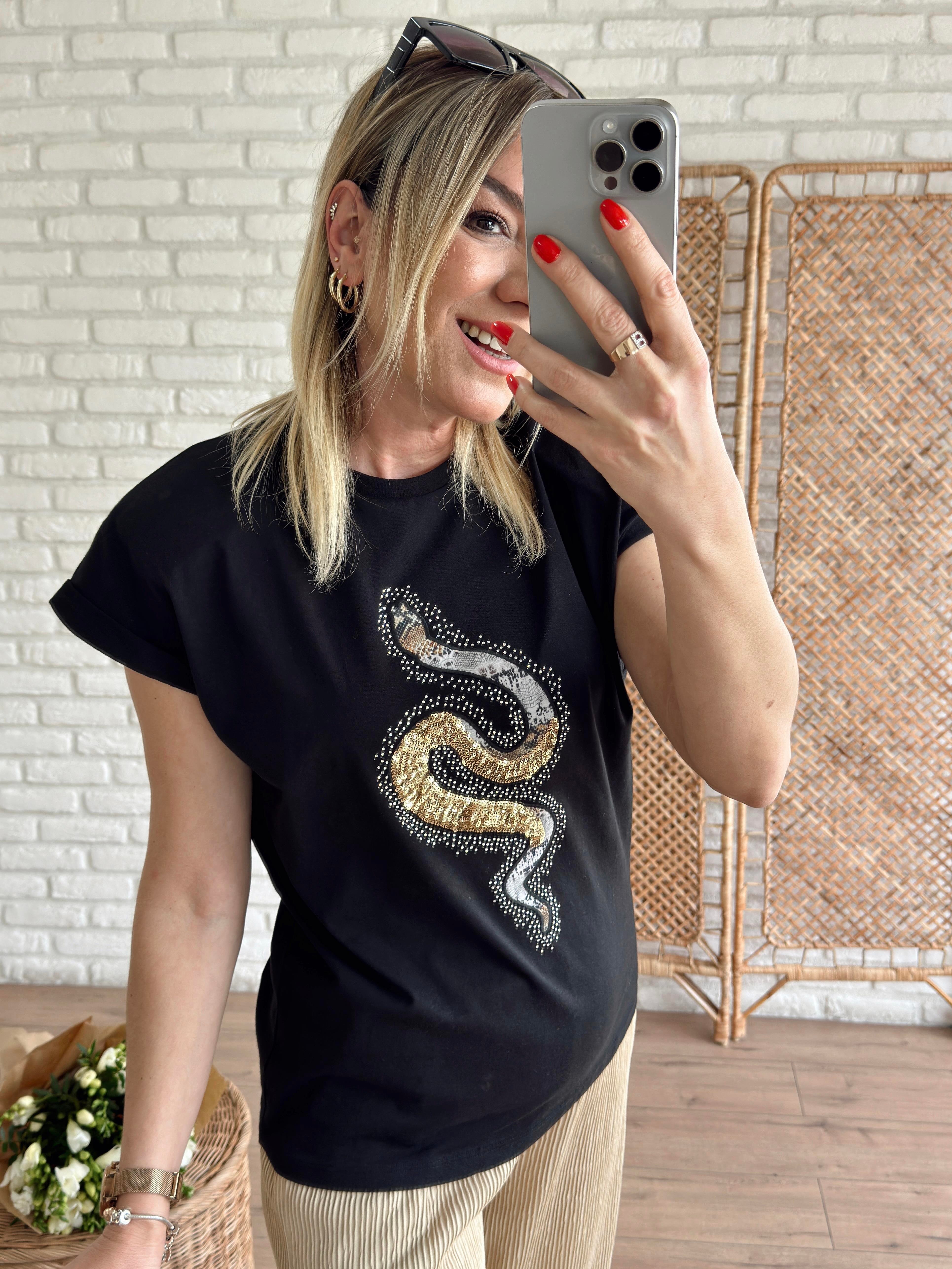 Yılan Desenli Tshirt SİYAH