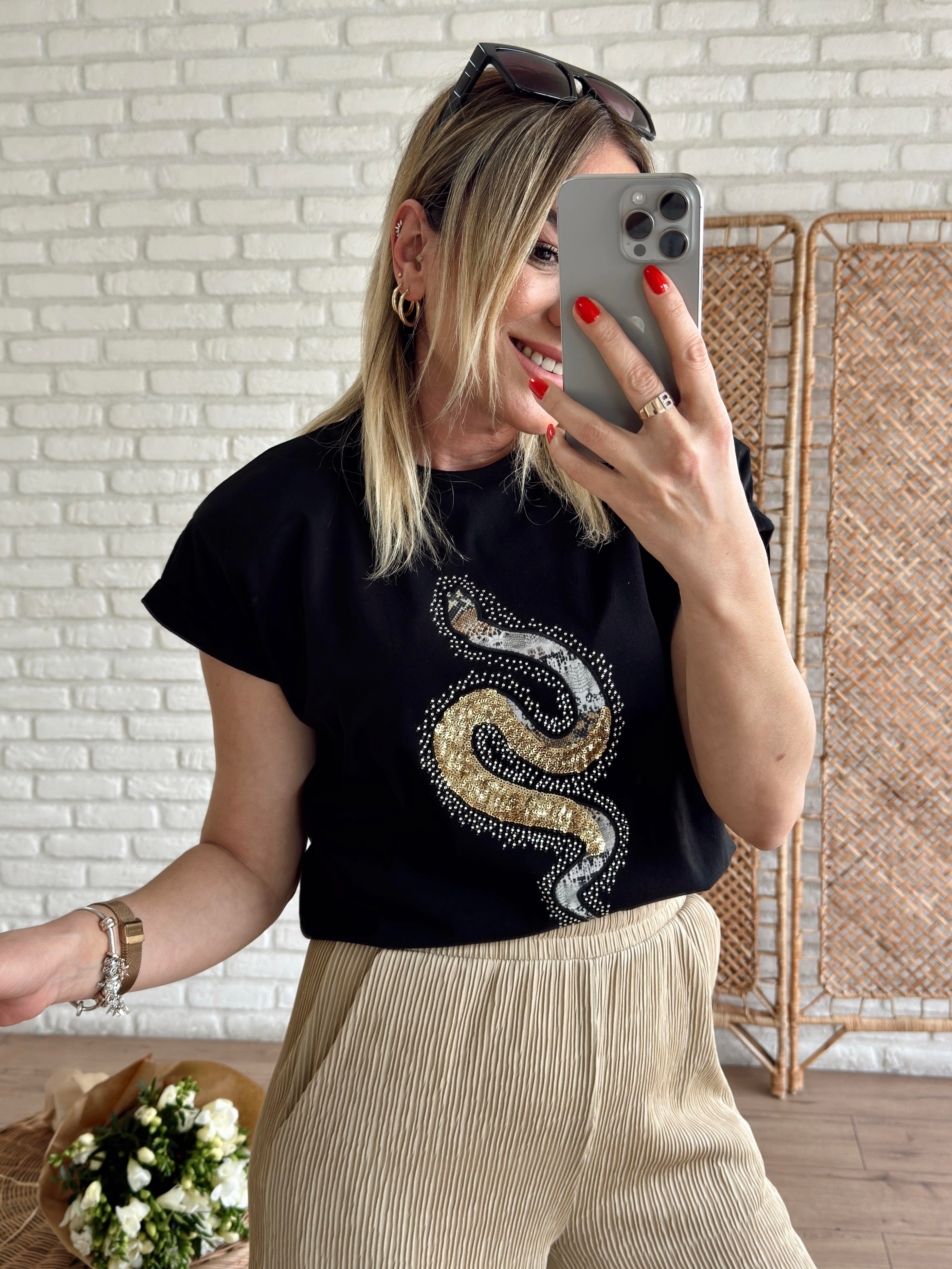 Yılan Desenli Tshirt SİYAH