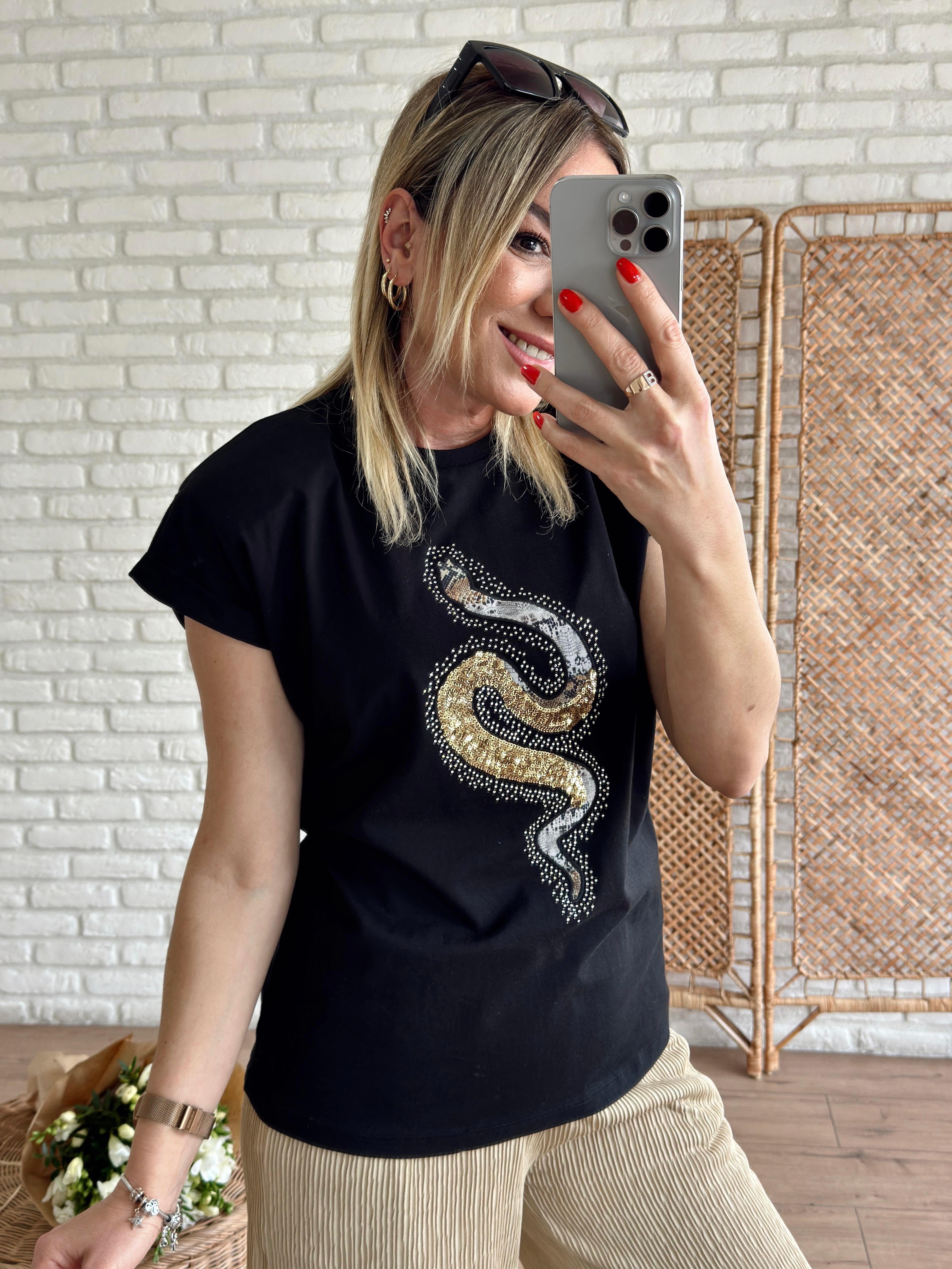 Yılan Desenli Tshirt SİYAH
