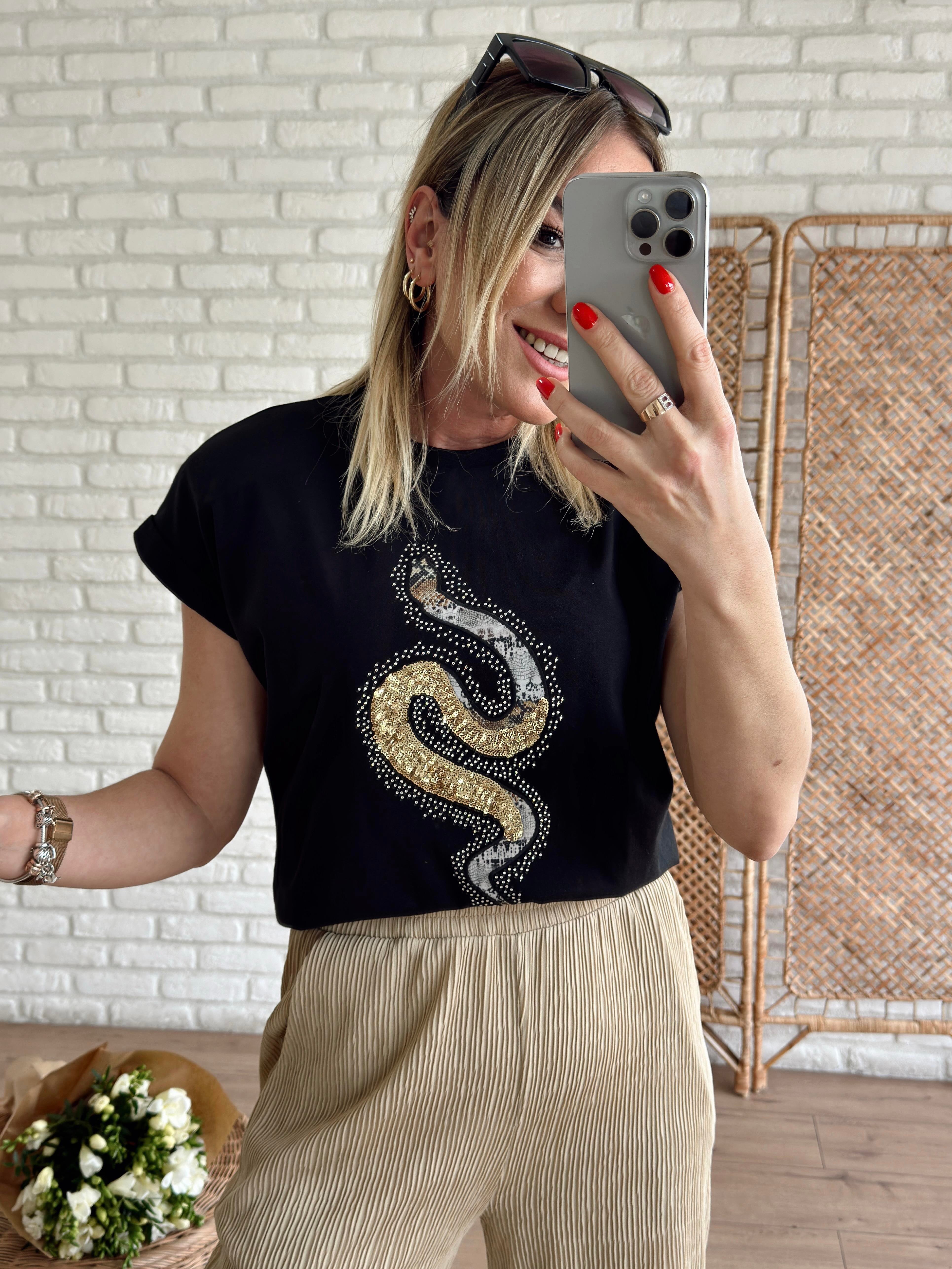 Yılan Desenli Tshirt SİYAH
