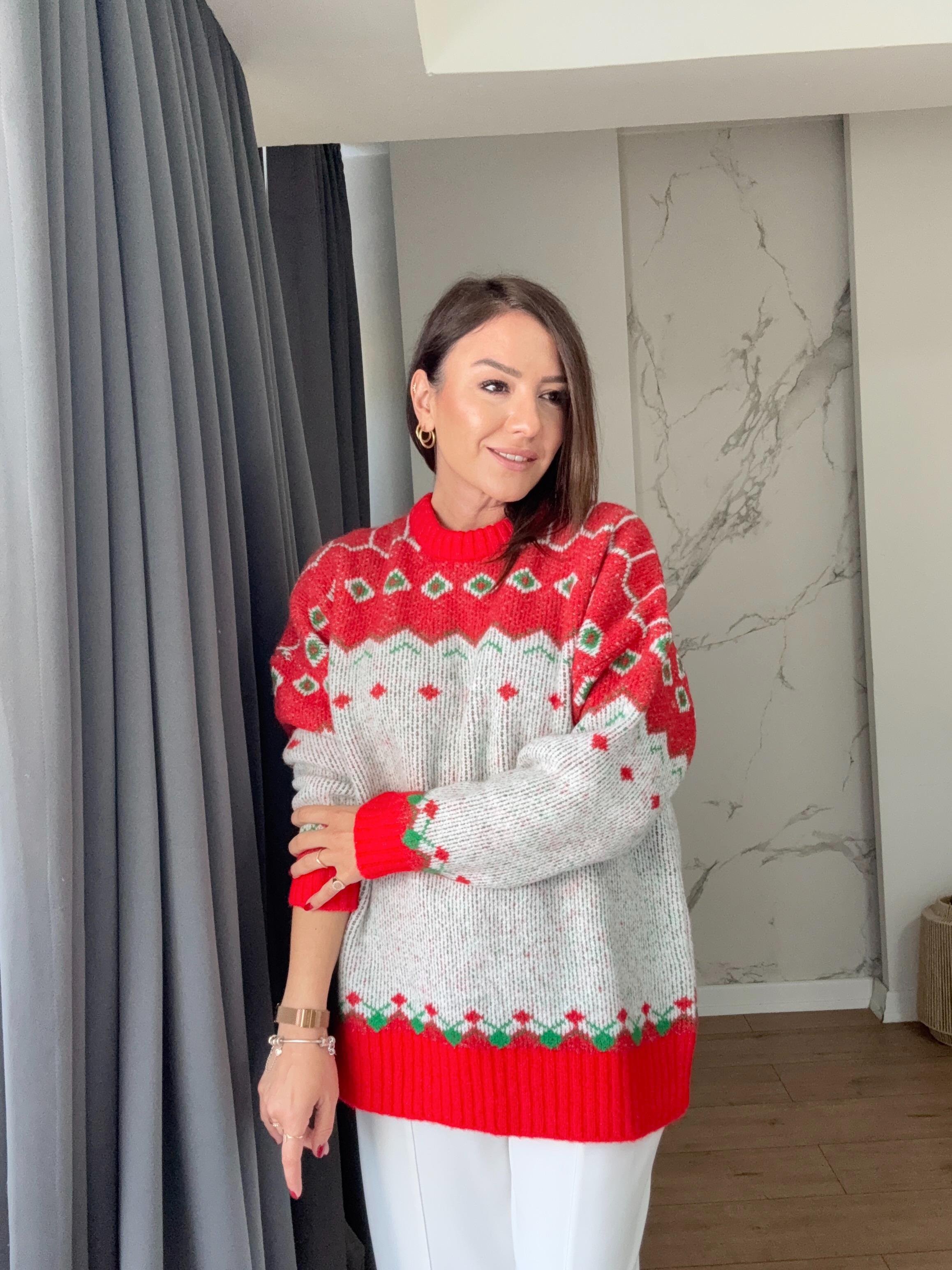 Yılbaşı Temalı Kazak KIRMIZI