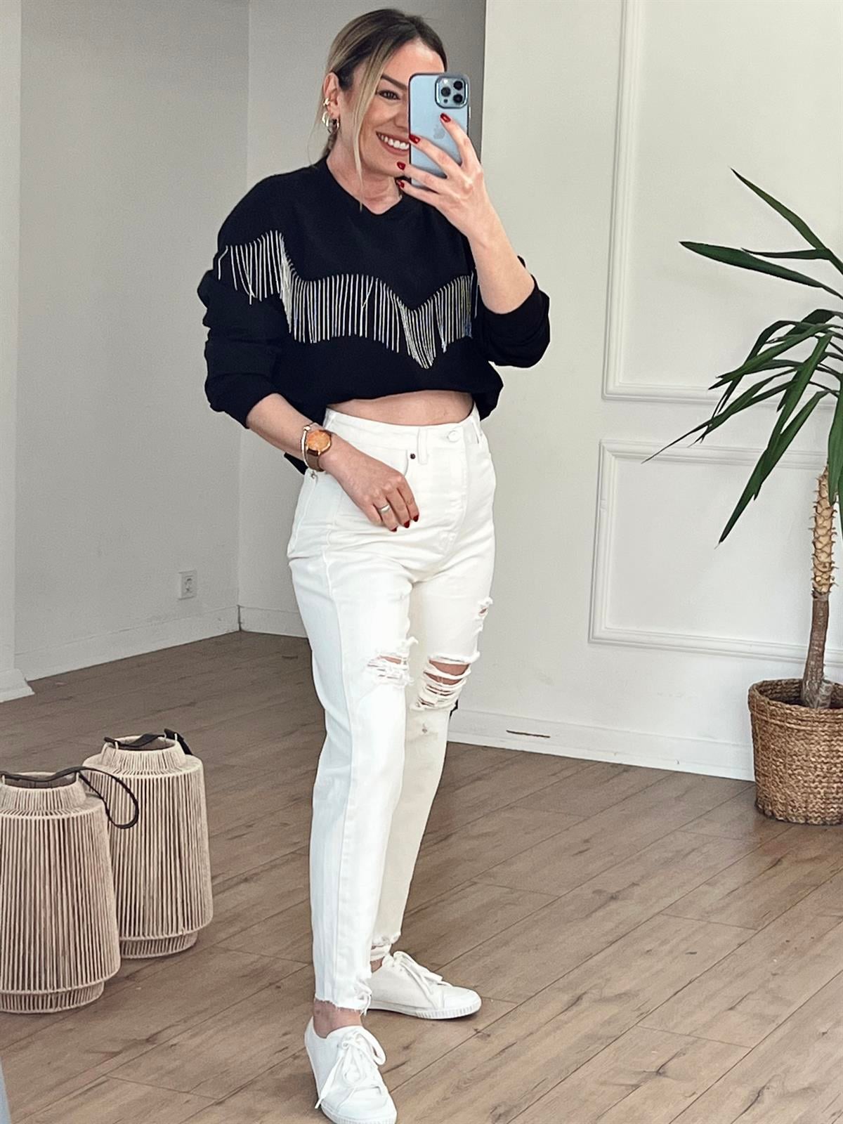 YIRTIK DETAYLI MOM JEAN EKRU