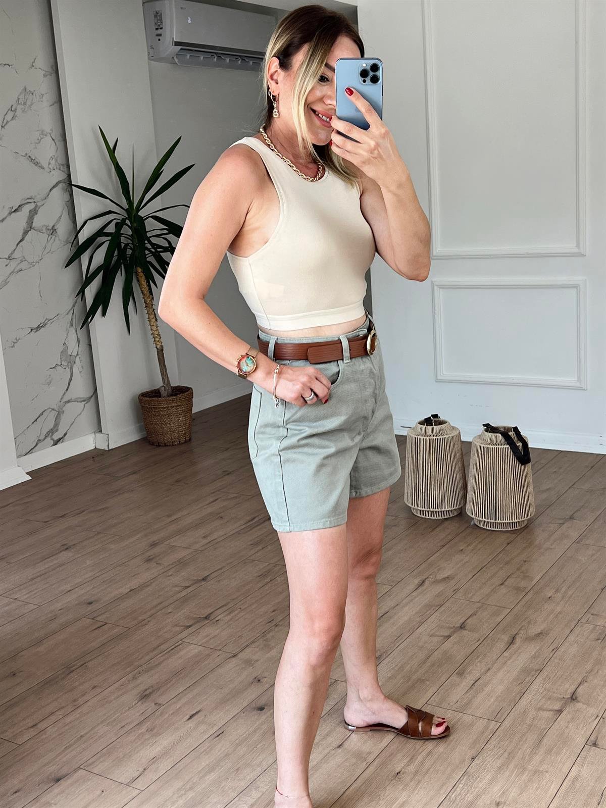 Yüksek Bel Denım Şort HAKİ
