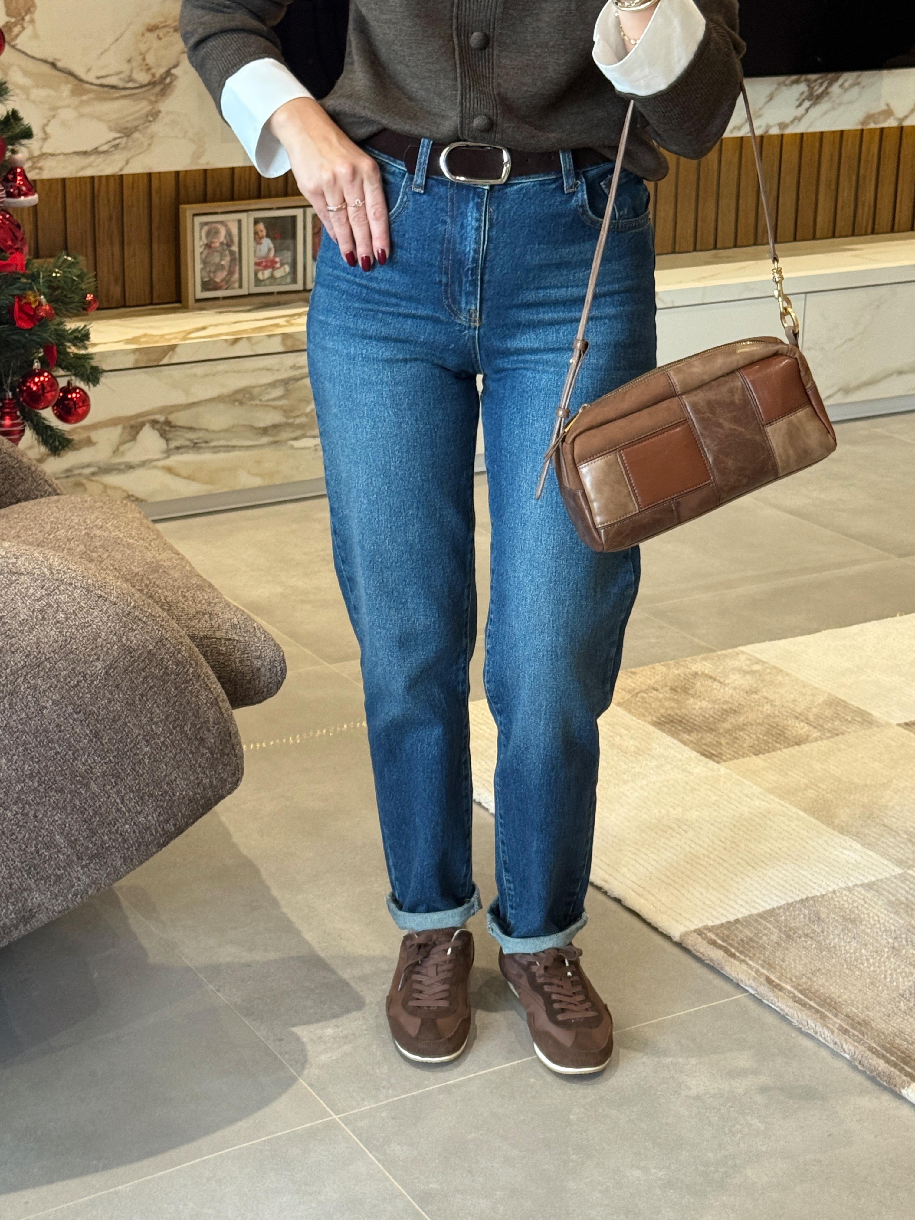 Yüksek Bel Kemerli Mom Fit Jean LACİVERT