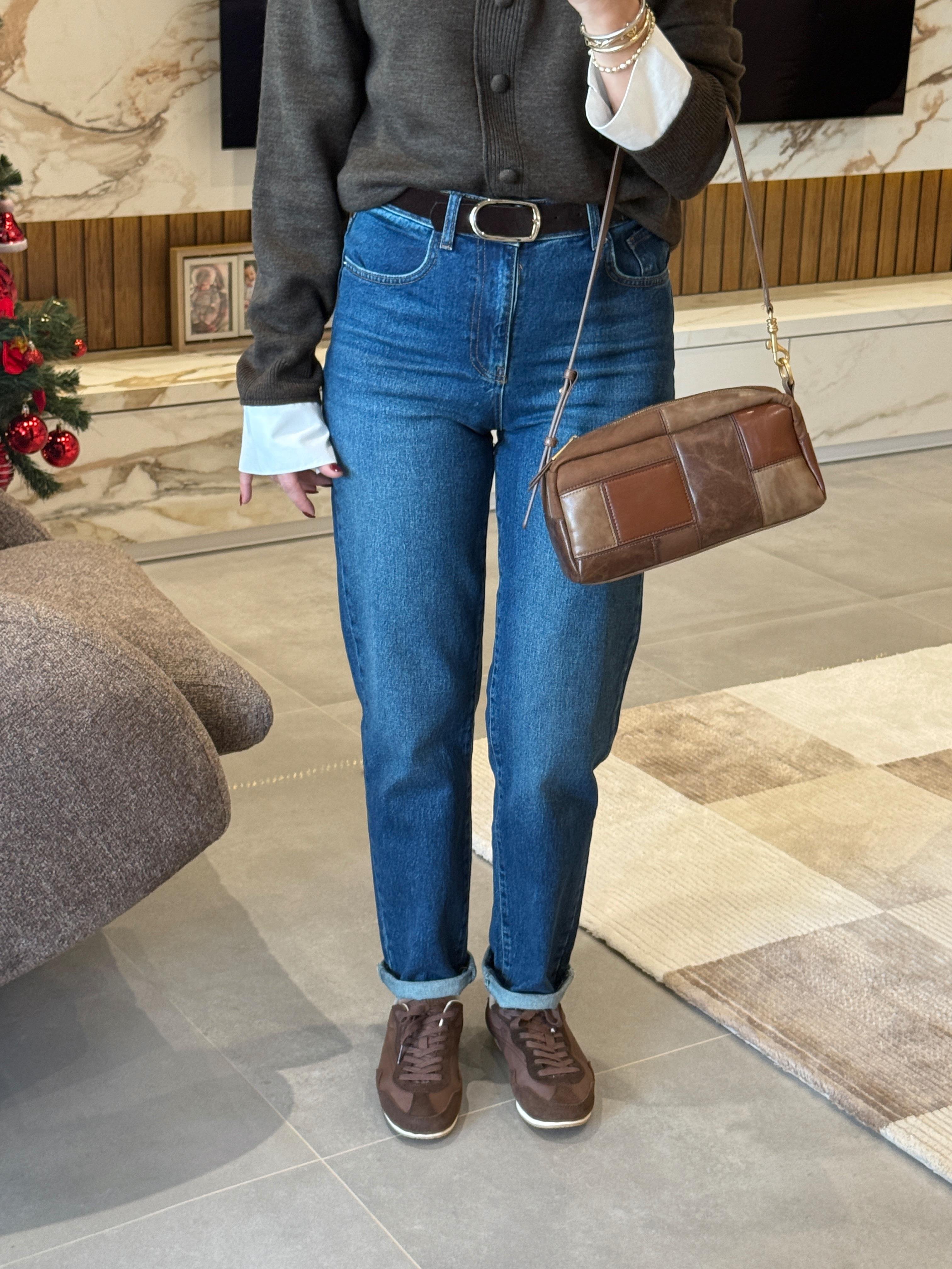 Yüksek Bel Kemerli Mom Fit Jean LACİVERT
