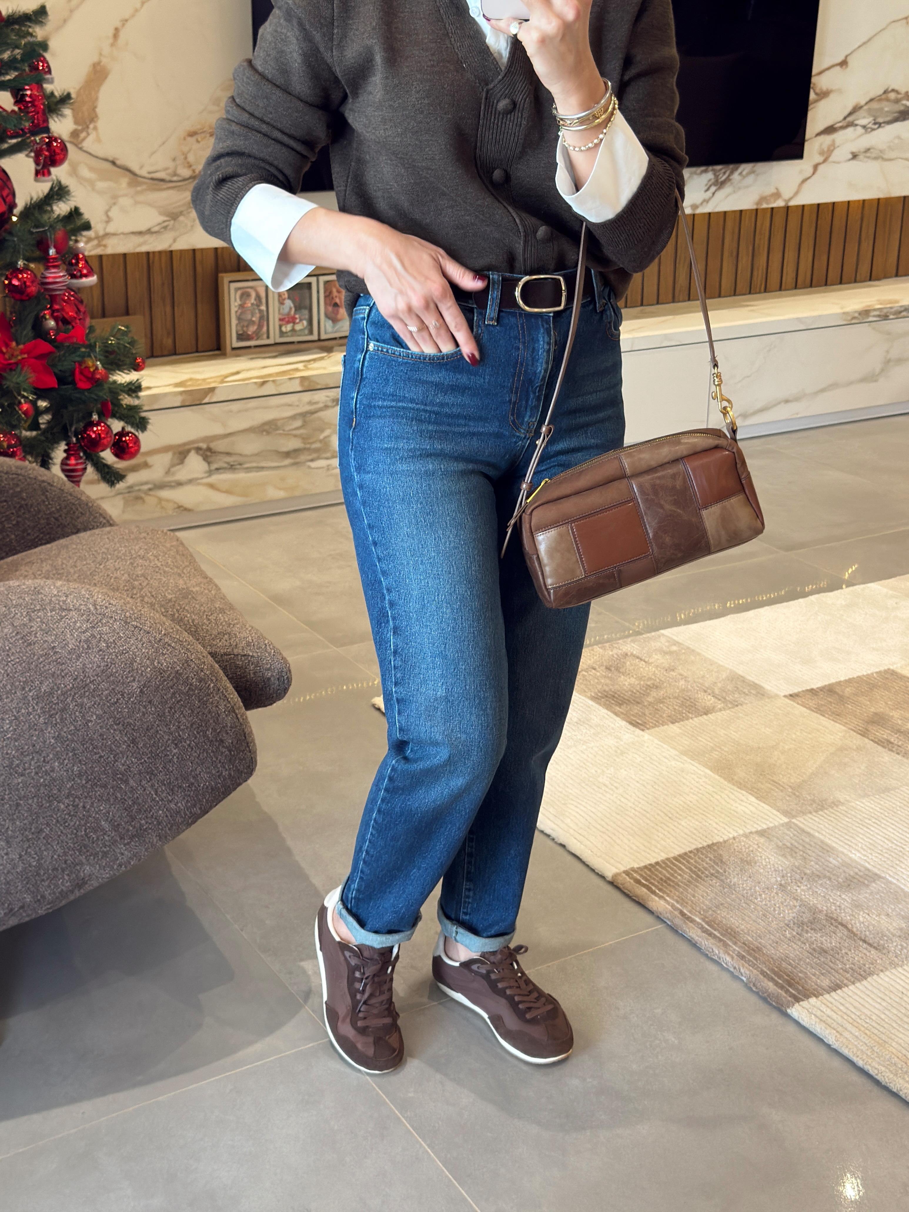 Yüksek Bel Kemerli Mom Fit Jean LACİVERT