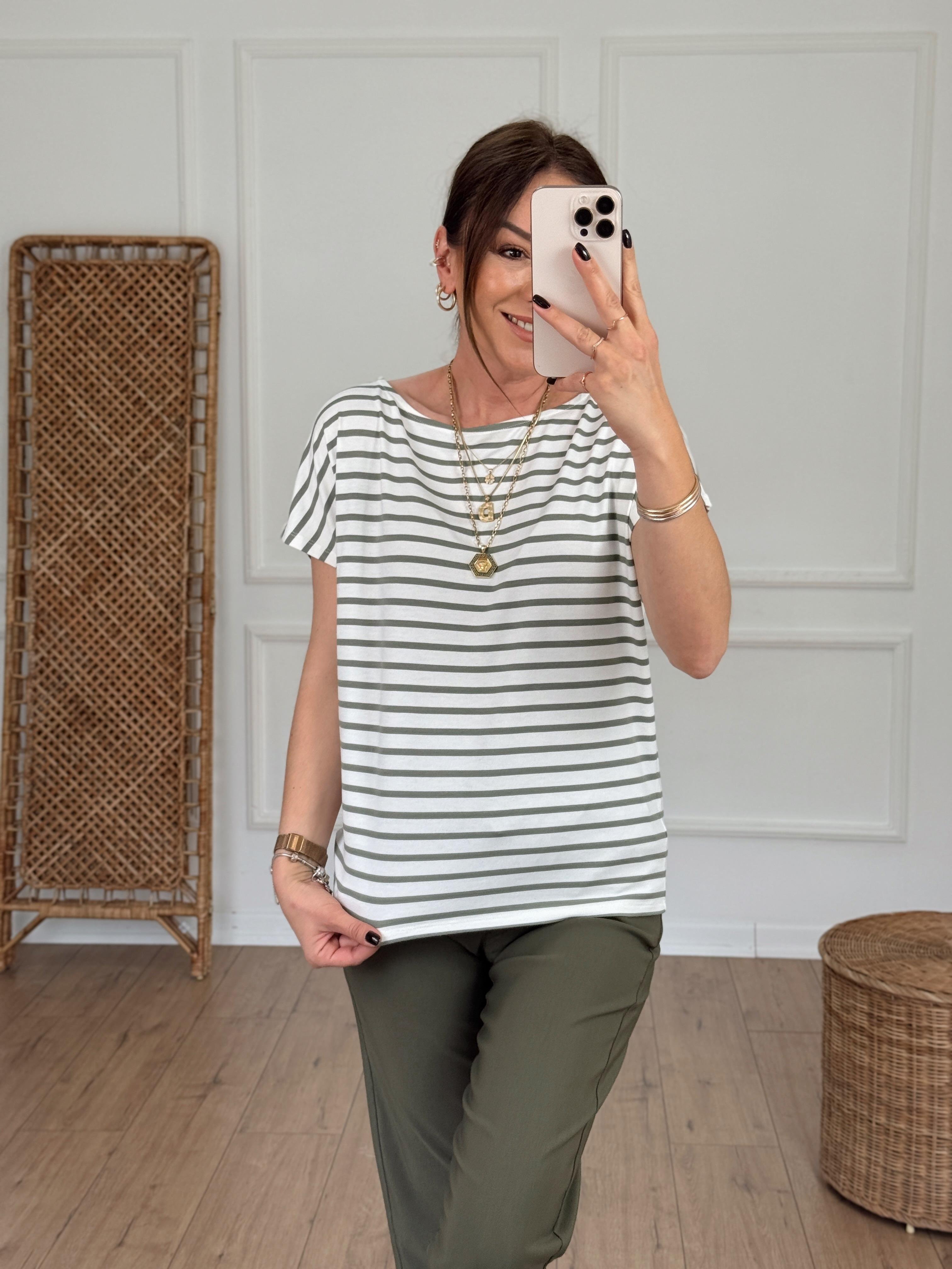 Yuvarlak Yaka Çizgili Tshirt SU YEŞİLİ