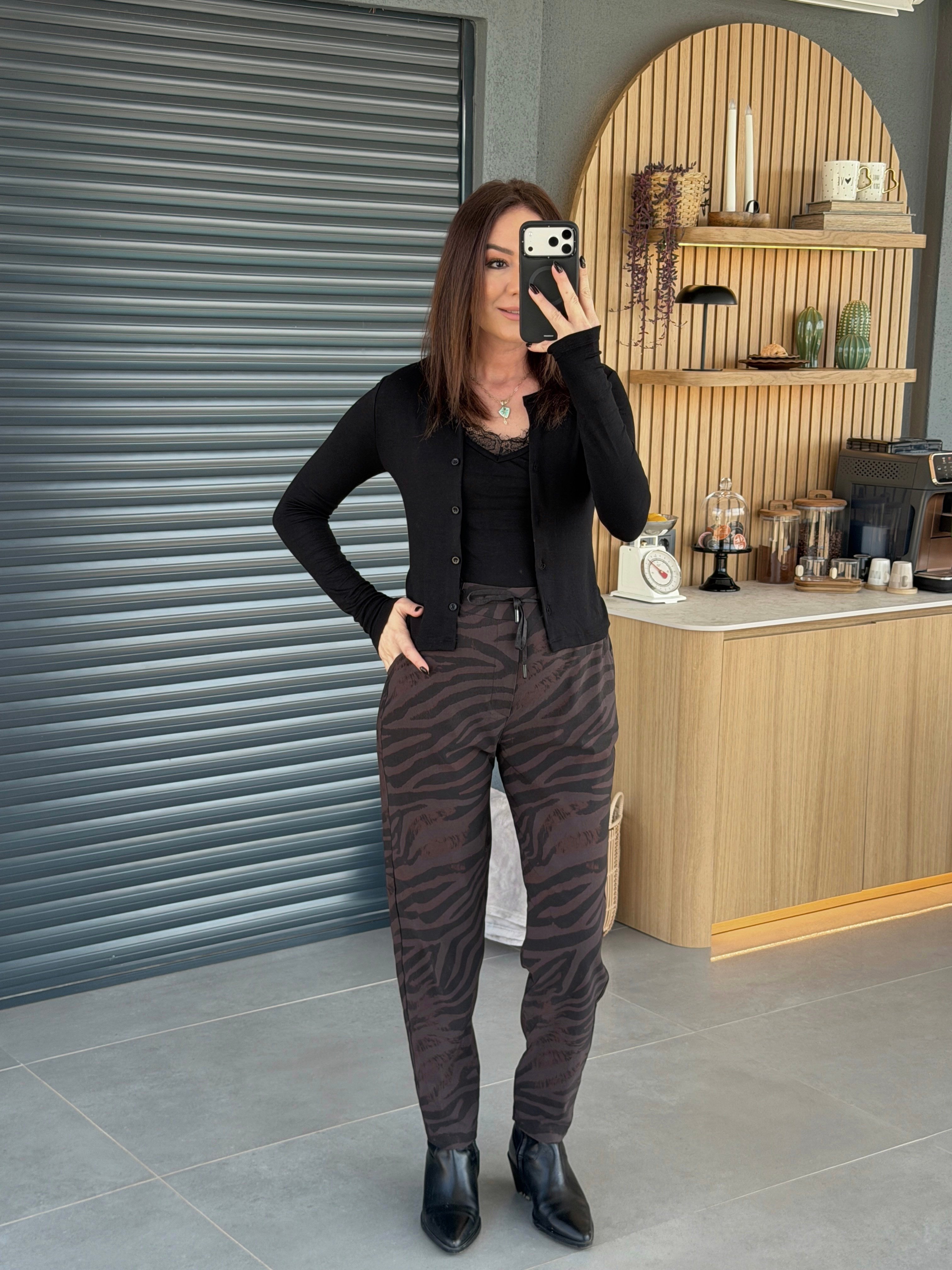 Zebra Desen Beli Lastikli Pantolon KOYU KAHVE