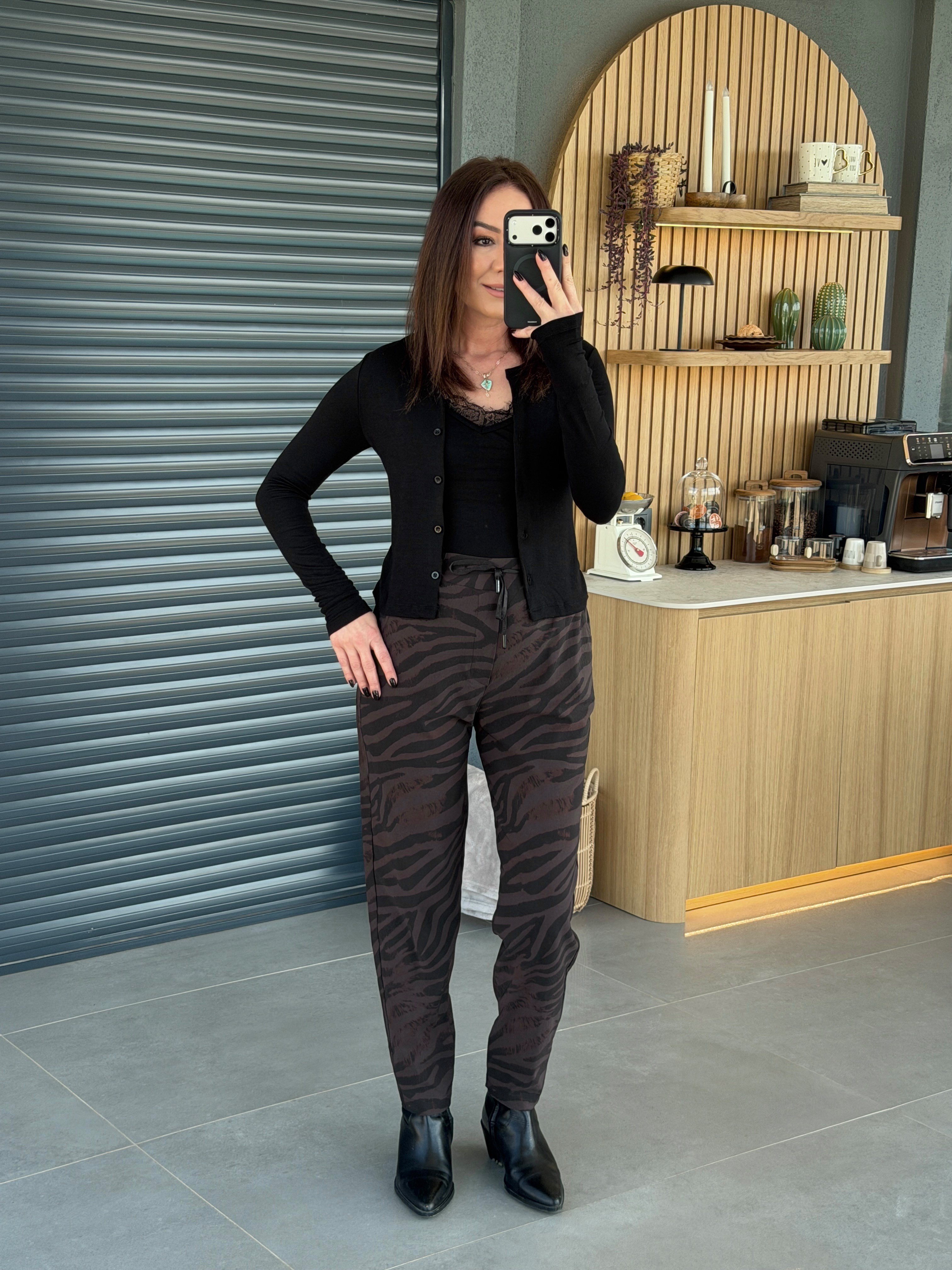 Zebra Desen Beli Lastikli Pantolon KOYU KAHVE