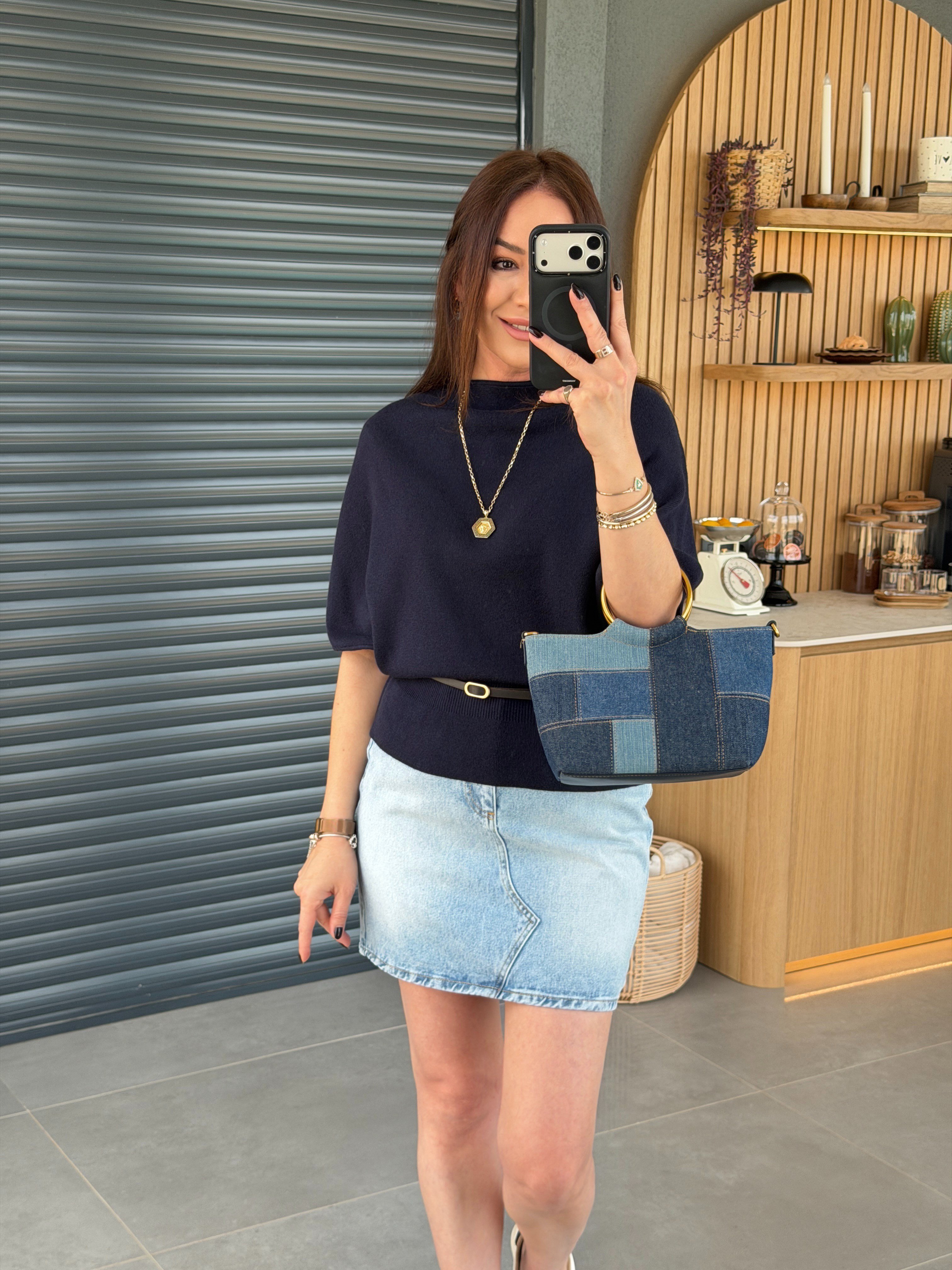 Zikzak Detaylı Mini Jean Etek KAR YIKAMA
