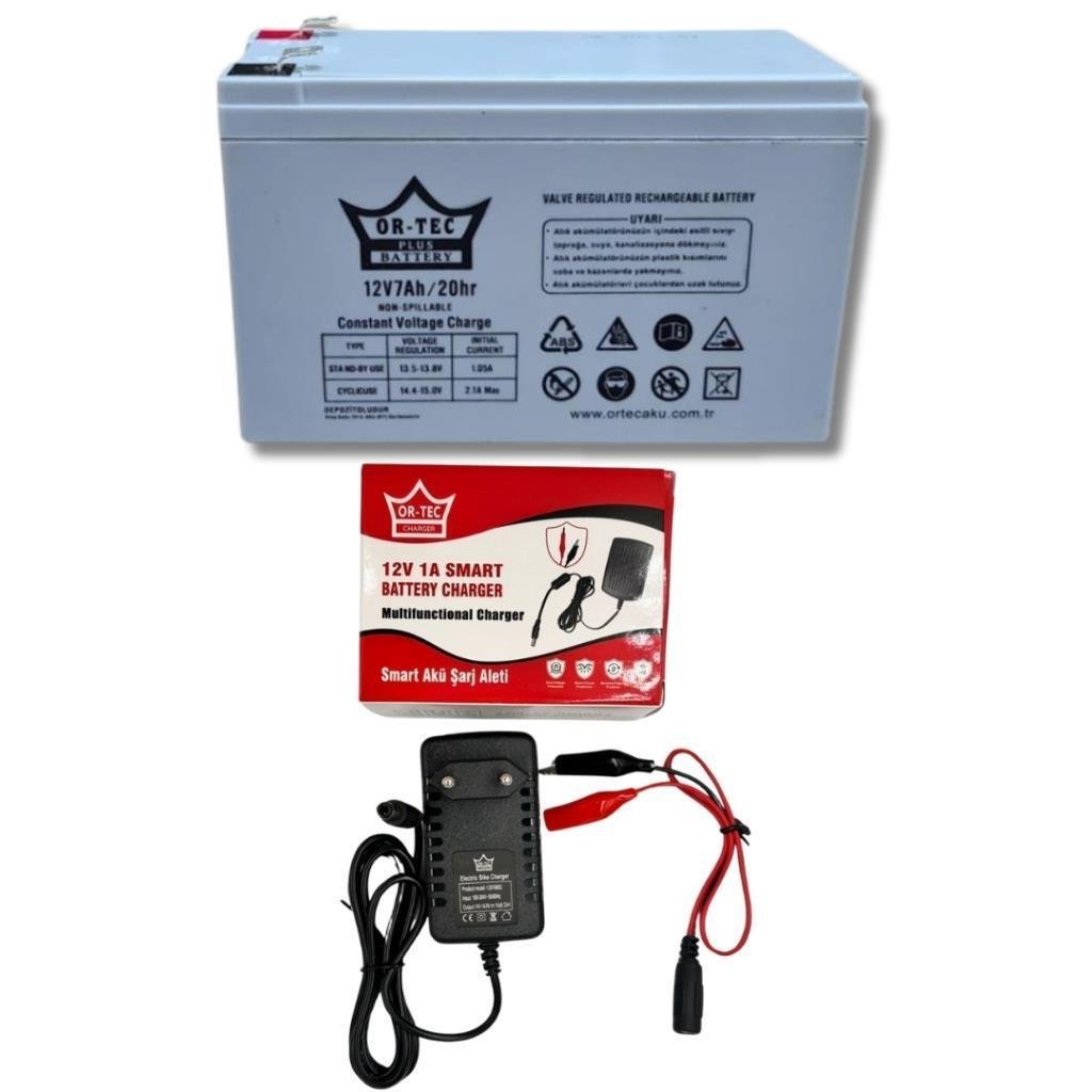 12V 7Ah Gri Bakımsız Kuru Akü - Ortec 12V 1A Akü Şarj Aleti Seti