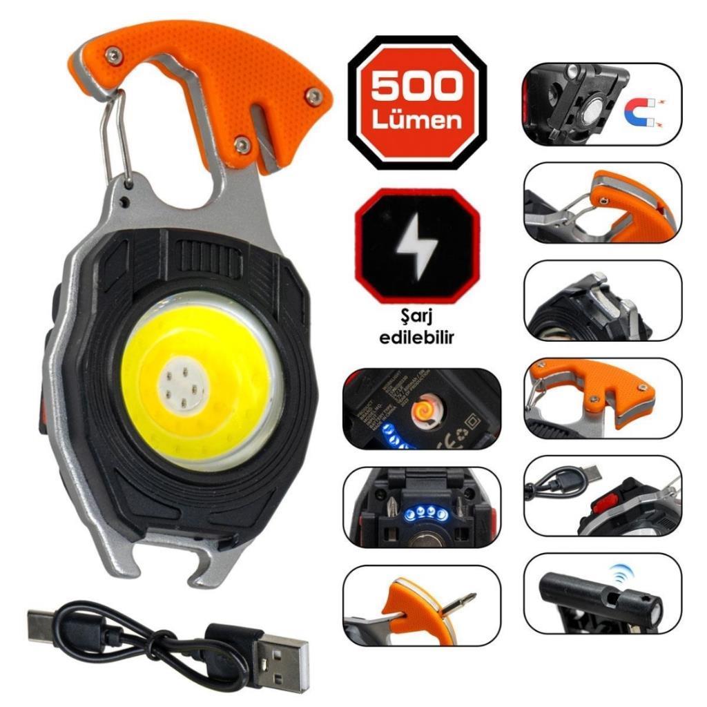 Çok Fonksiyonlu Tornavida Düdük Şişe Açacağı Ateş Yakıcı Mıknatıslı Type-C Şarjlı Anahtarlık Fener PD808
