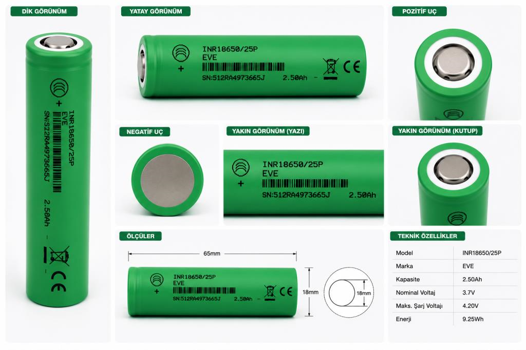 EVE INR18650 3.7V 2500mAh 12C Li-Ion Şarj Edilebilir Pil