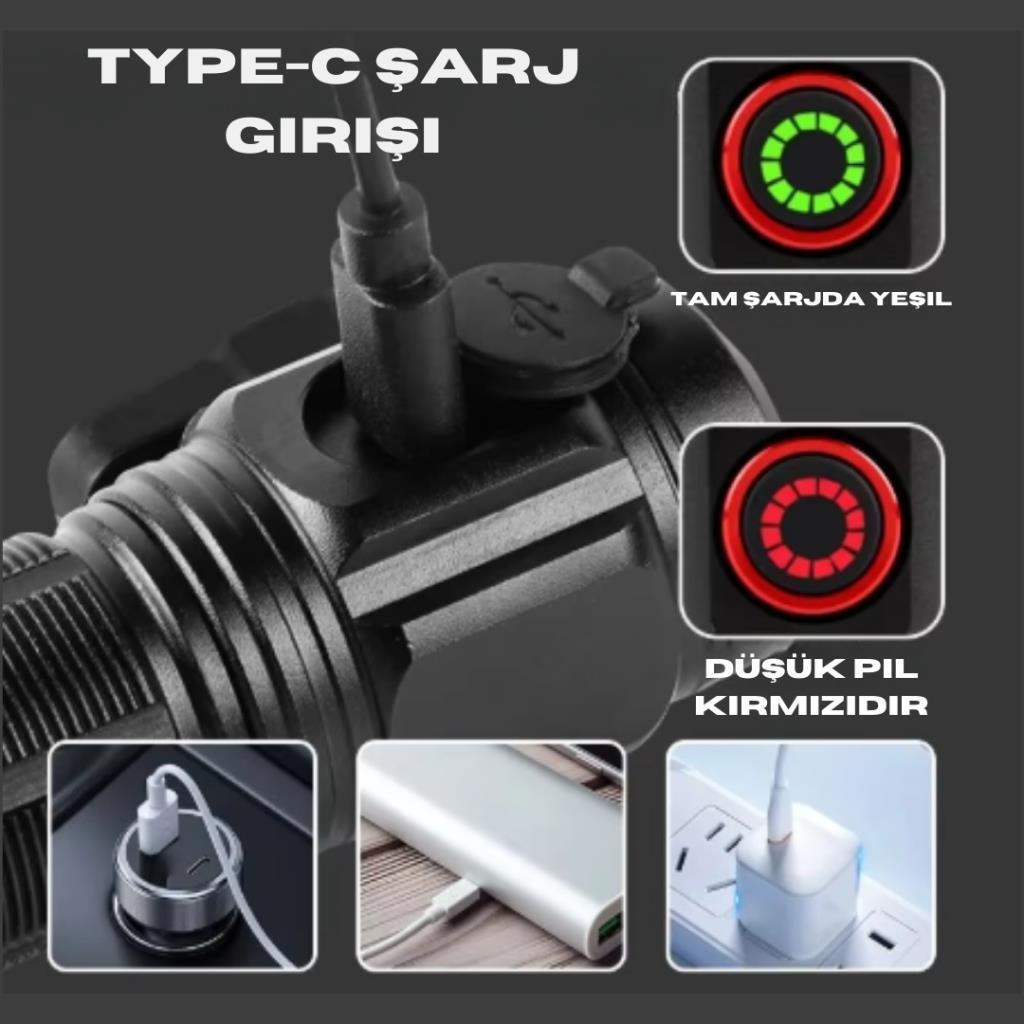 Güç Göstergesi İle Güçlü USB Şarj Edilebilir Mini LED El Feneri PD-7007