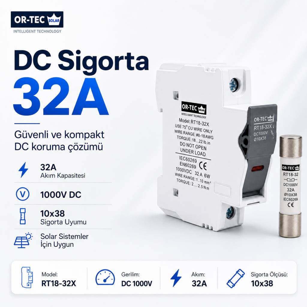 OR-TEC 1000V 32A 10X38 DC Sigorta + Sigorta Yuvası