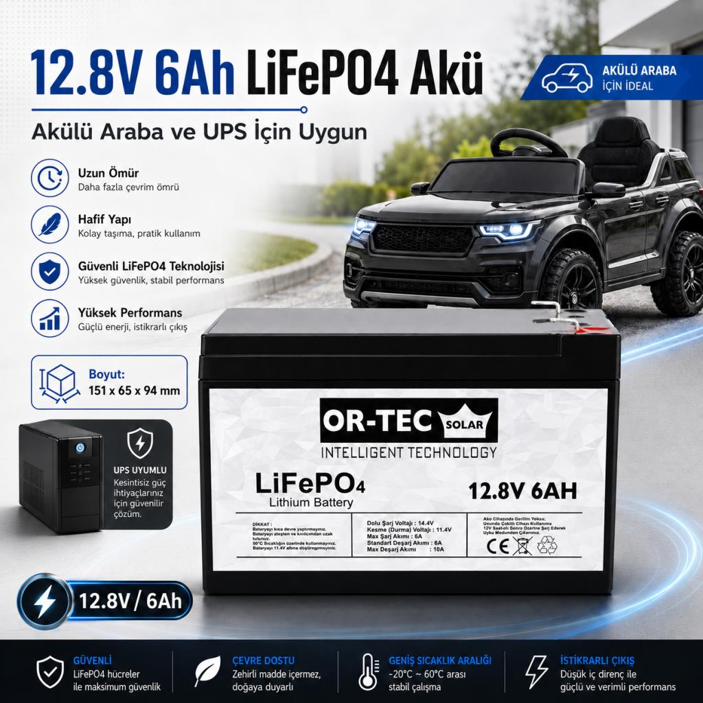 OR-TEC 12.8V 6Ah LiFePO4 Akülü Araba - UPS Aküsü