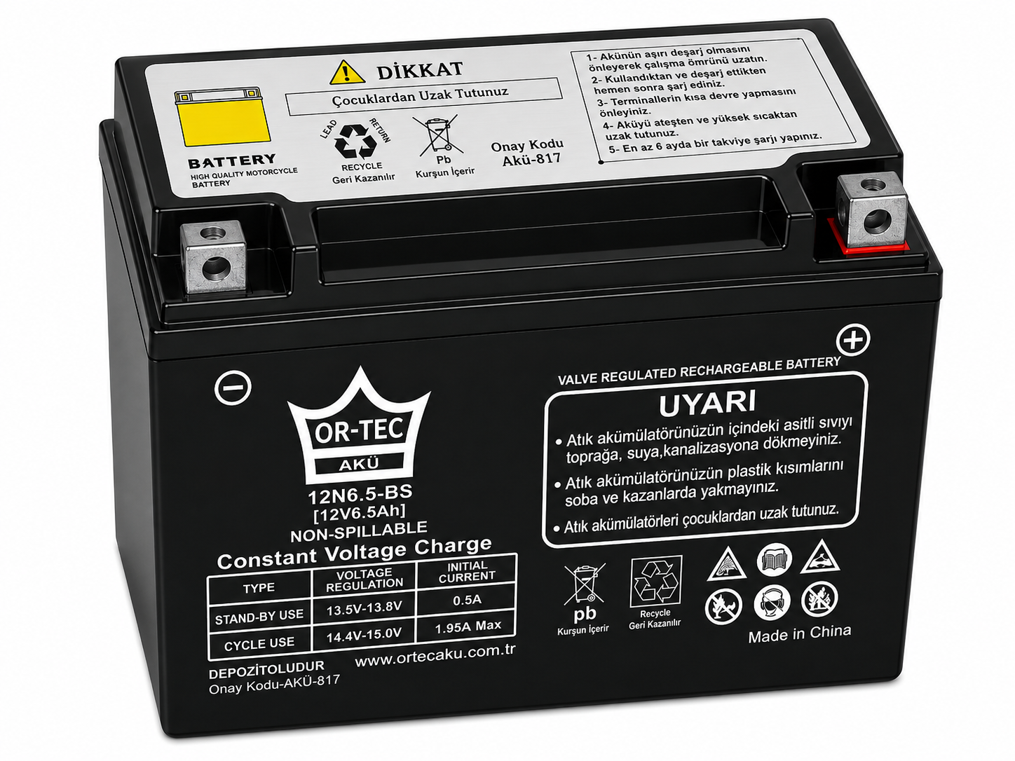 OR-TEC 12N6.5-BS 12V 6.5AH BENZİNLİ MOTOR AKÜSÜ