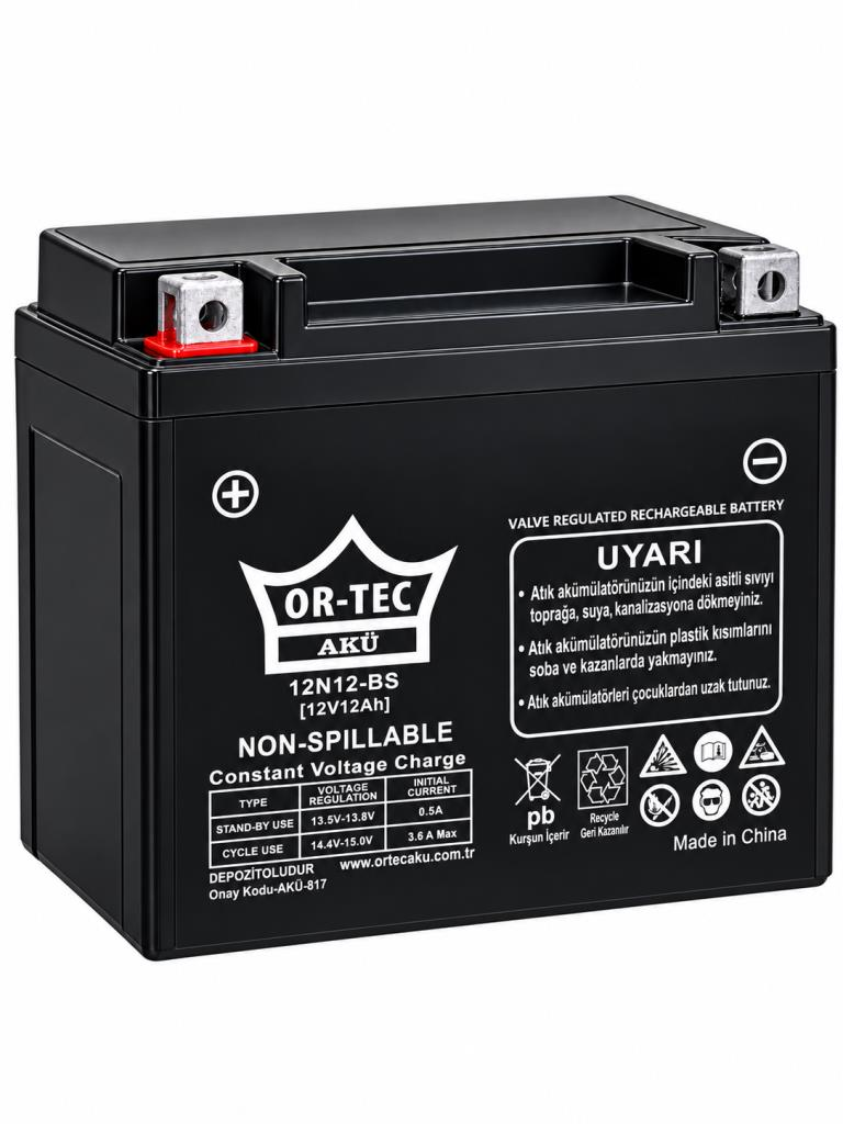 OR-TEC 12V 12Ah (12N12-BS) Benzinli Motosiklet Aküsü 