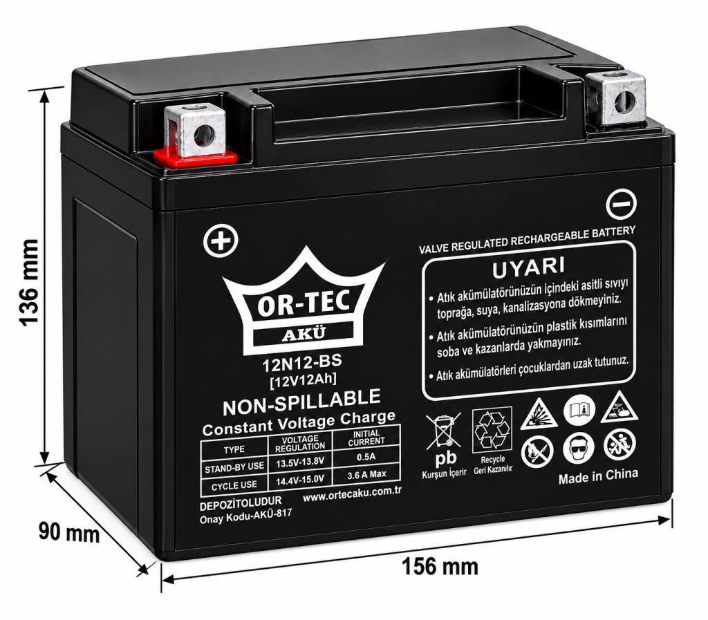 OR-TEC 12V 12Ah (12N12-BS) Benzinli Motosiklet Aküsü 