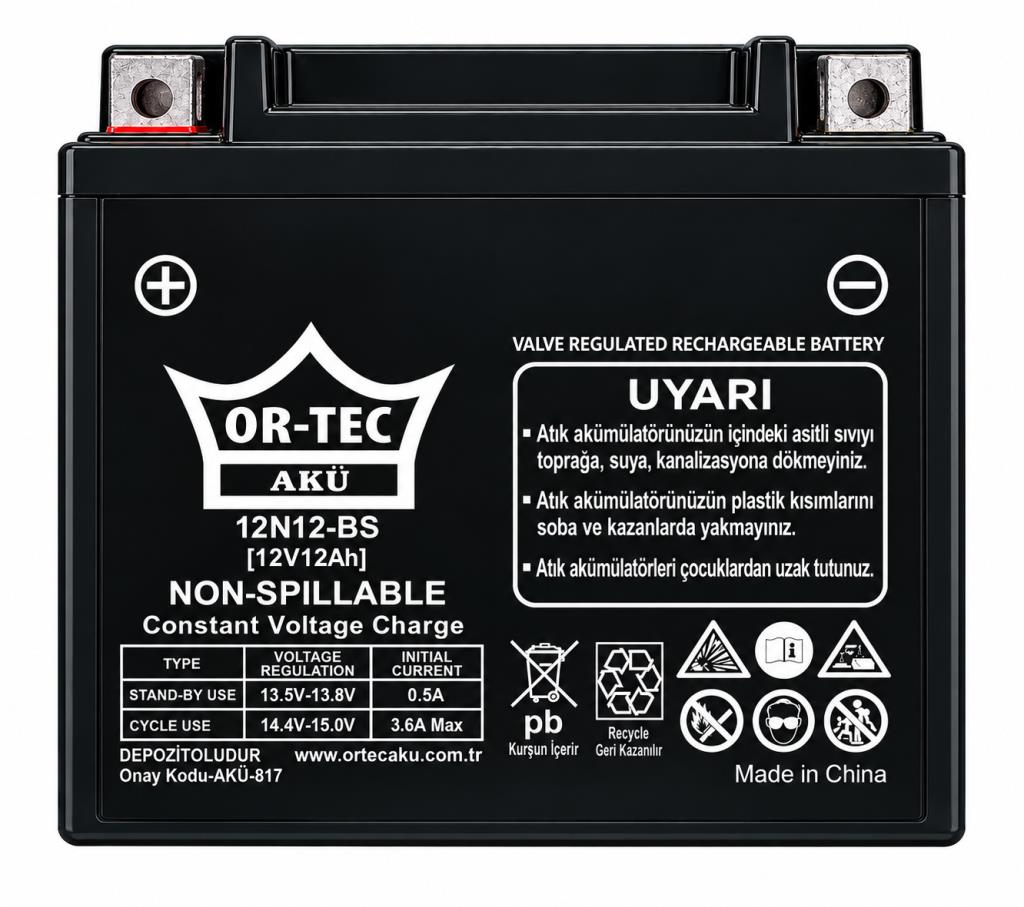 OR-TEC 12V 12Ah (12N12-BS) Benzinli Motosiklet Aküsü 