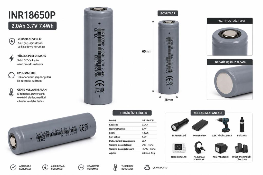 OR-TEC 18650 3.7V 2000mAh 3C Şarj Edilebilir Pil