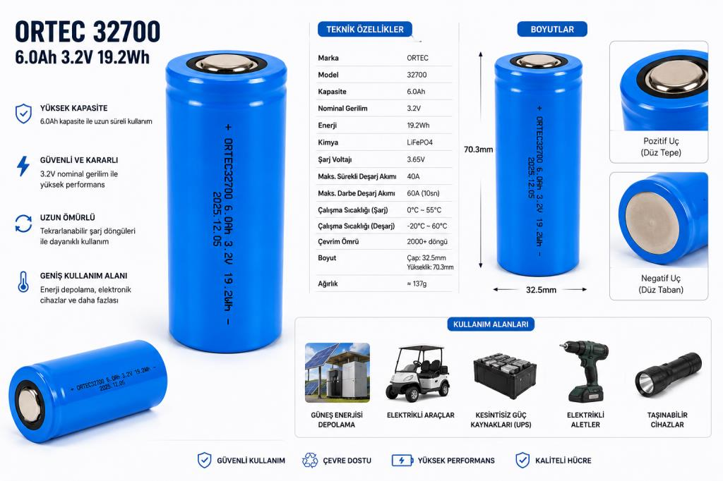 OR-TEC 32700 3.2V 6Ah 3C LiFePO4 Şarj Edilebilir Pil