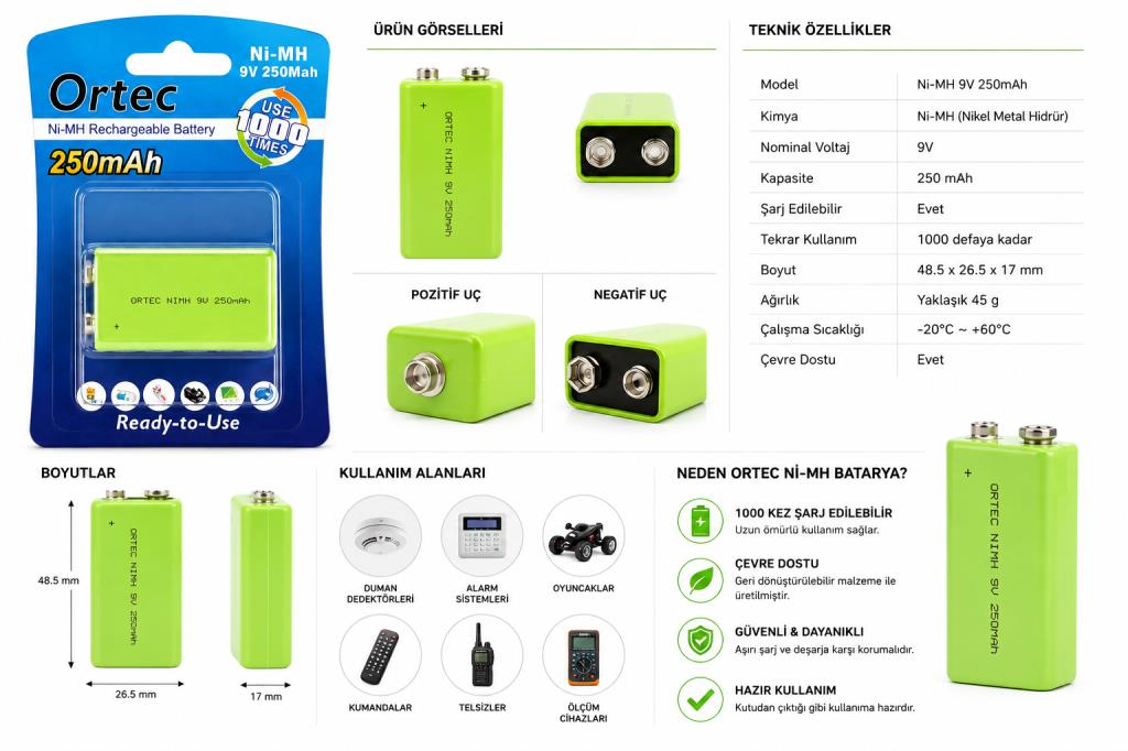 OR-TEC NiMH 9V 250mAh Şarjlı Pil