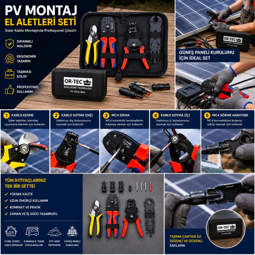 OR-TEC Solar MC4 Konnektör Sıkma Pensesi Seti Çantalı – Güneş Paneli Kablo Sıyırma, Kesme ve Krimp Takımı