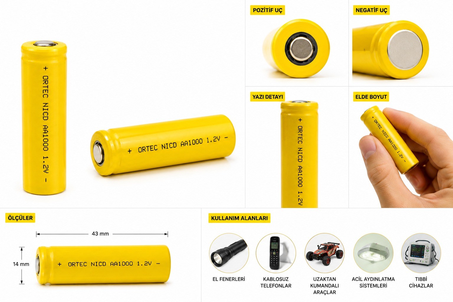 Ortec AA 1.2V Ni-Cd 1000mAh  Şarj Edilebilir Kalem Pil