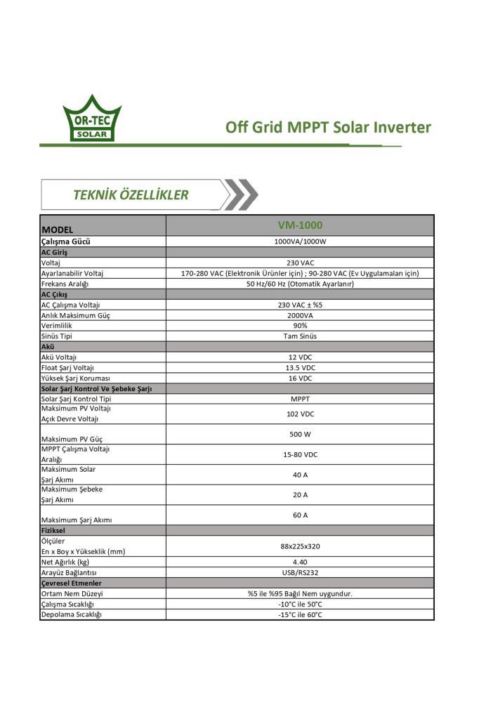 Solar 12V 1Kw/1000VA MPPT Tam Sinüs Akıllı İnverter