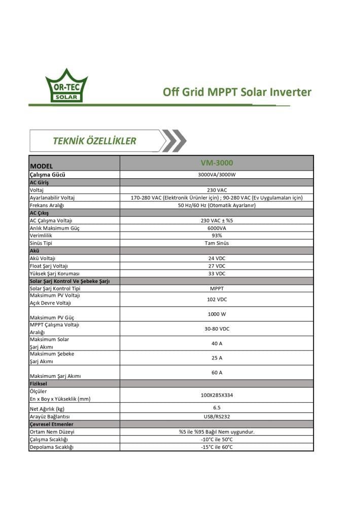 Solar 24V 3Kw/3000VA MPPT Tam Sinüs Akıllı İnverter