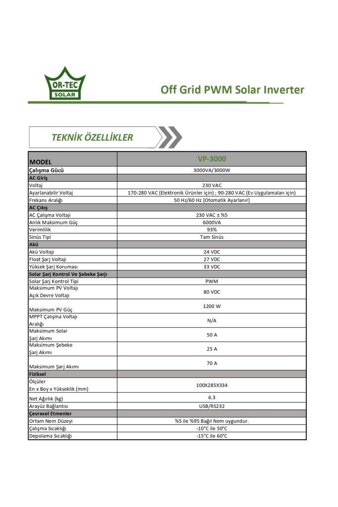Solar 24V 3Kw/3000VA PWM Tam Sinüs Akıllı İnverter