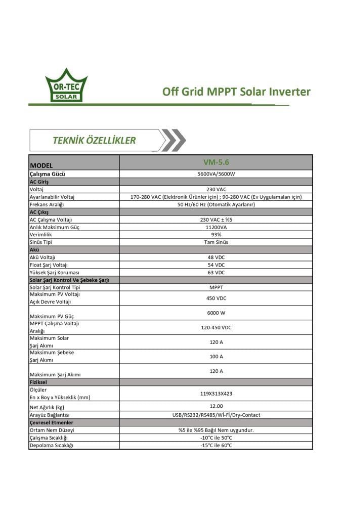 Solar 48V 5.6Kw/5600VA MPPT Wi-Fi Tam Sinüs Akıllı İnverter
