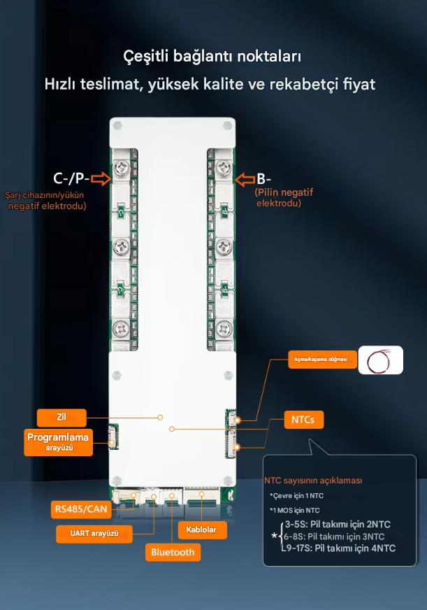 TDT 16S 51.2V 200A LiFePO4 Smart BMS Bluetooth Modüllü