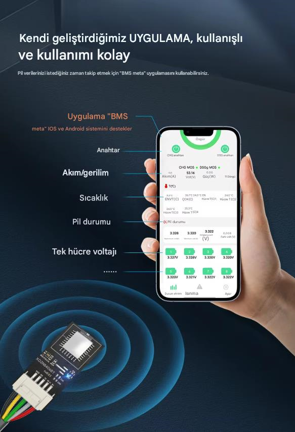 TDT 16S 51.2V 200A LiFePO4 Smart BMS Bluetooth Modüllü