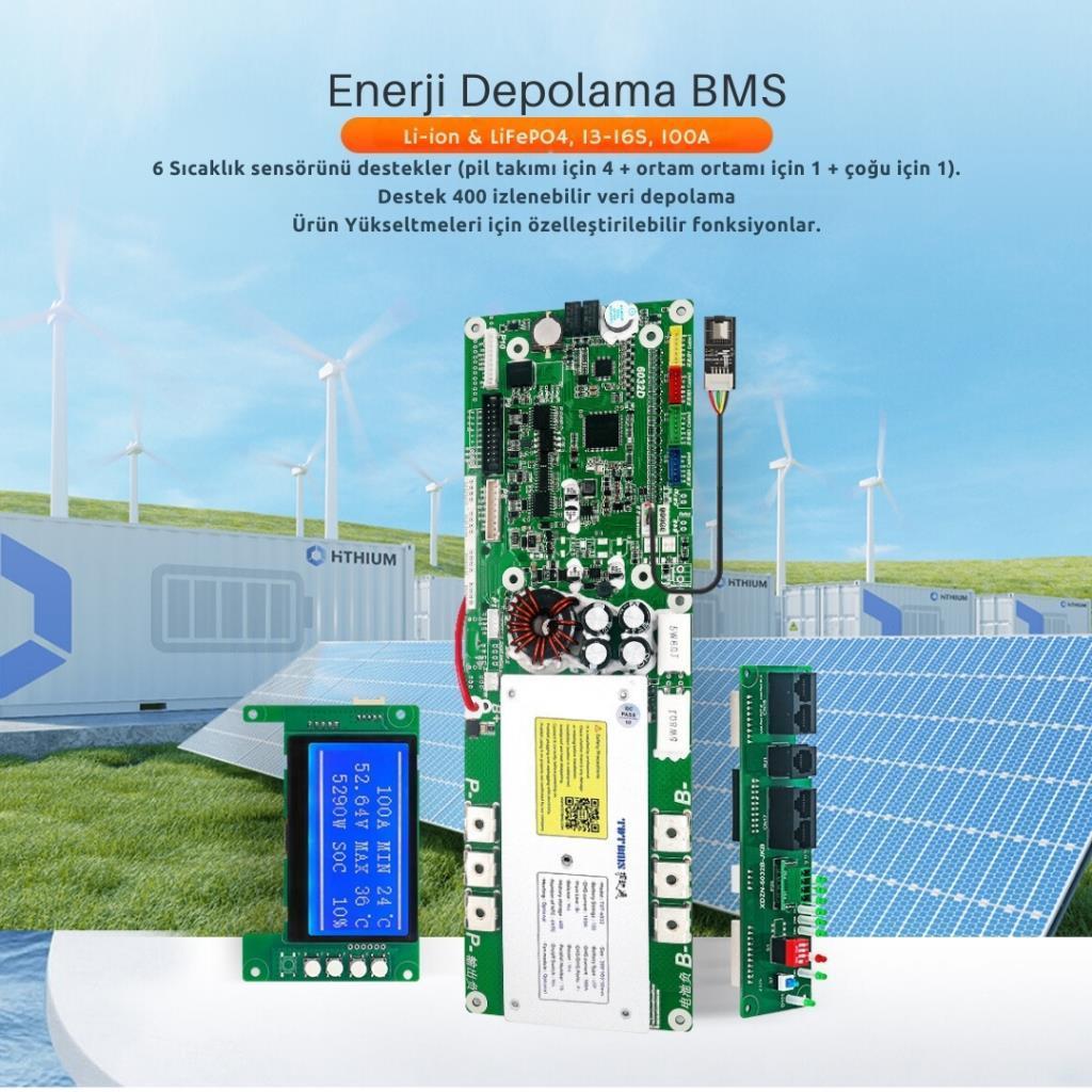 TDT BMS LCD Ekranlı Smart 13S-16S 48V 100A LiFePO4 ESS