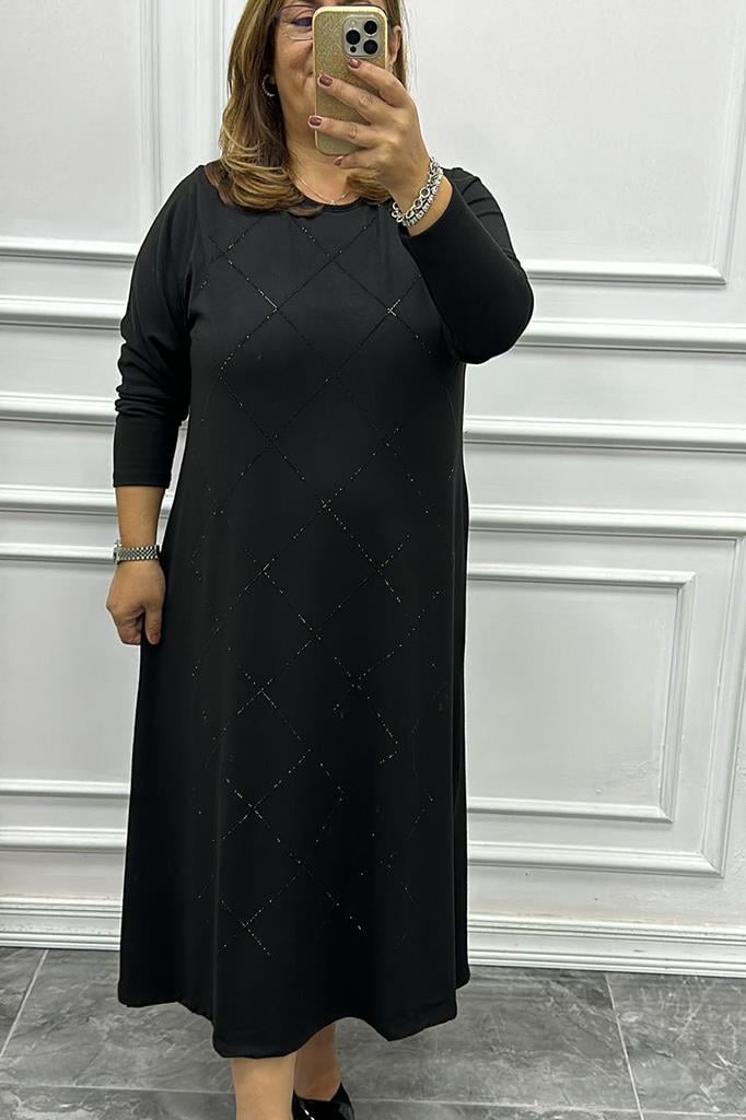 Büyük Beden Baklava Desenli Siyah Triko Elbise