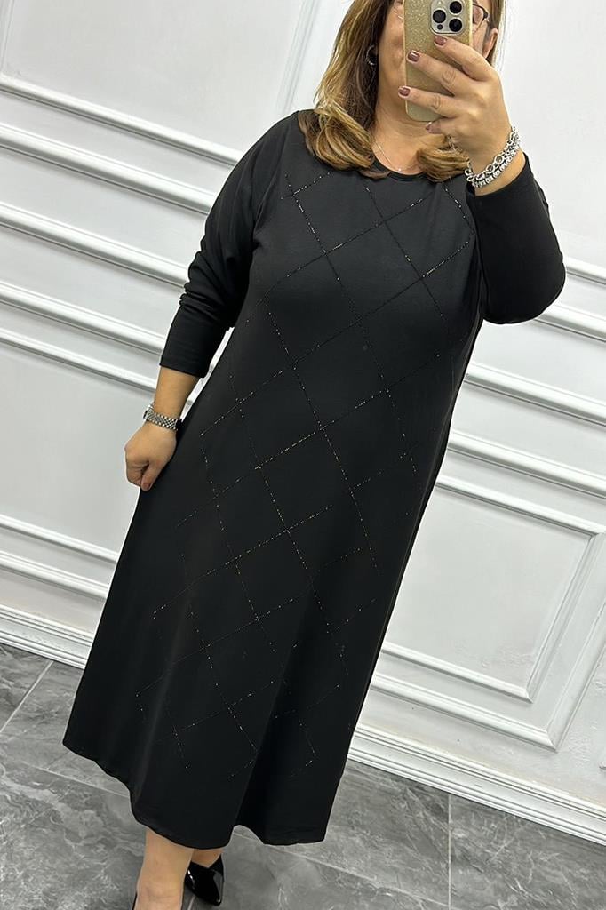 Büyük Beden Baklava Desenli Siyah Triko Elbise