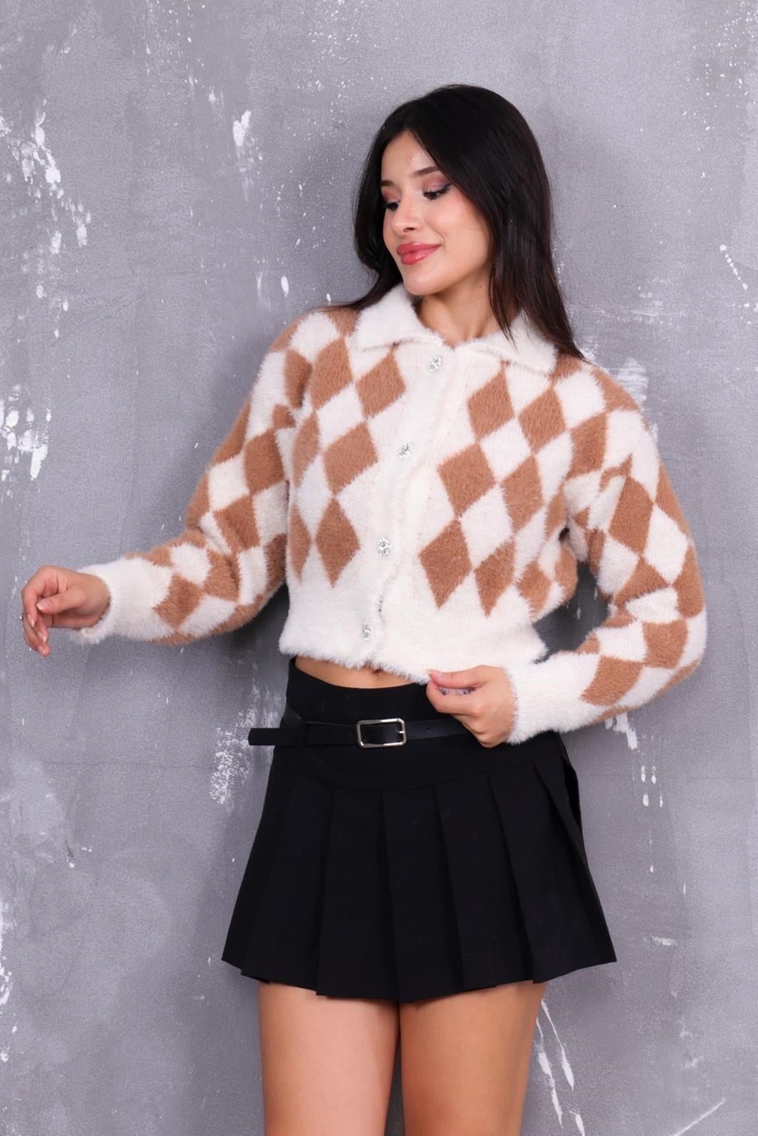 Hırka Baklava Desen Crop Hırka